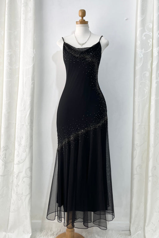 Silk noir dress with embroidered embellishments