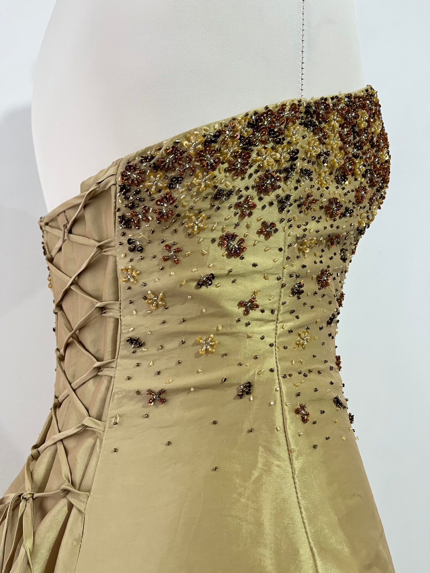 Champagne corset dress with fine sequins and hand embroidered embellishments-size M/L