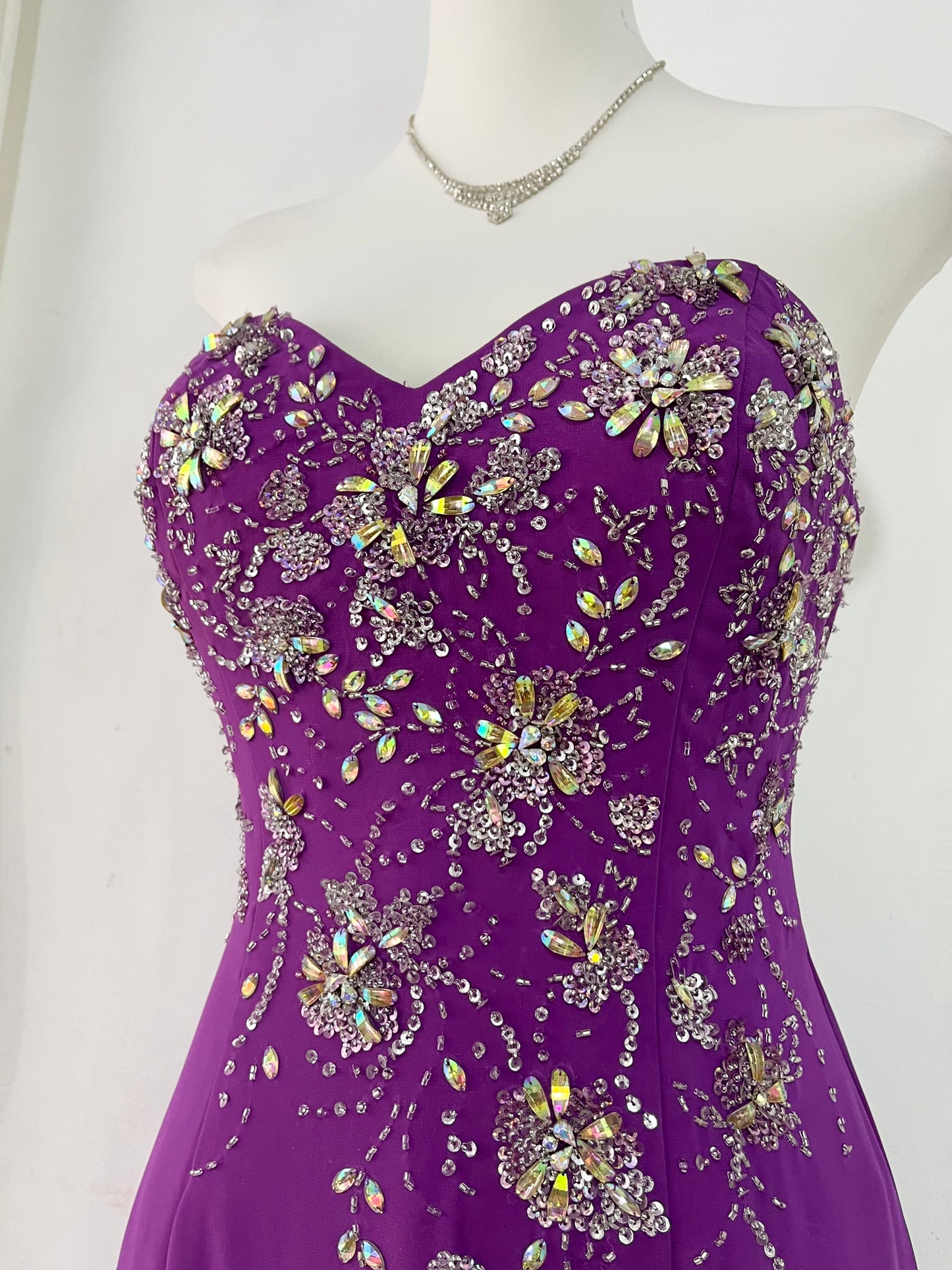 Amethyst purple dress with exquisite floral embroidery, rhinestones and embellishments-size S/M
