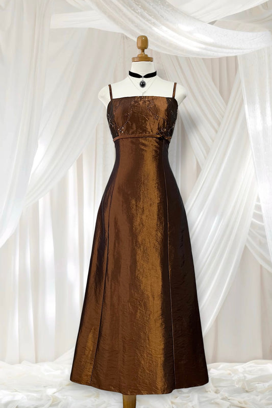 Vintage copper brown taffeta evening dress with bead embroidery, rhinestones and embellishments-size S/M