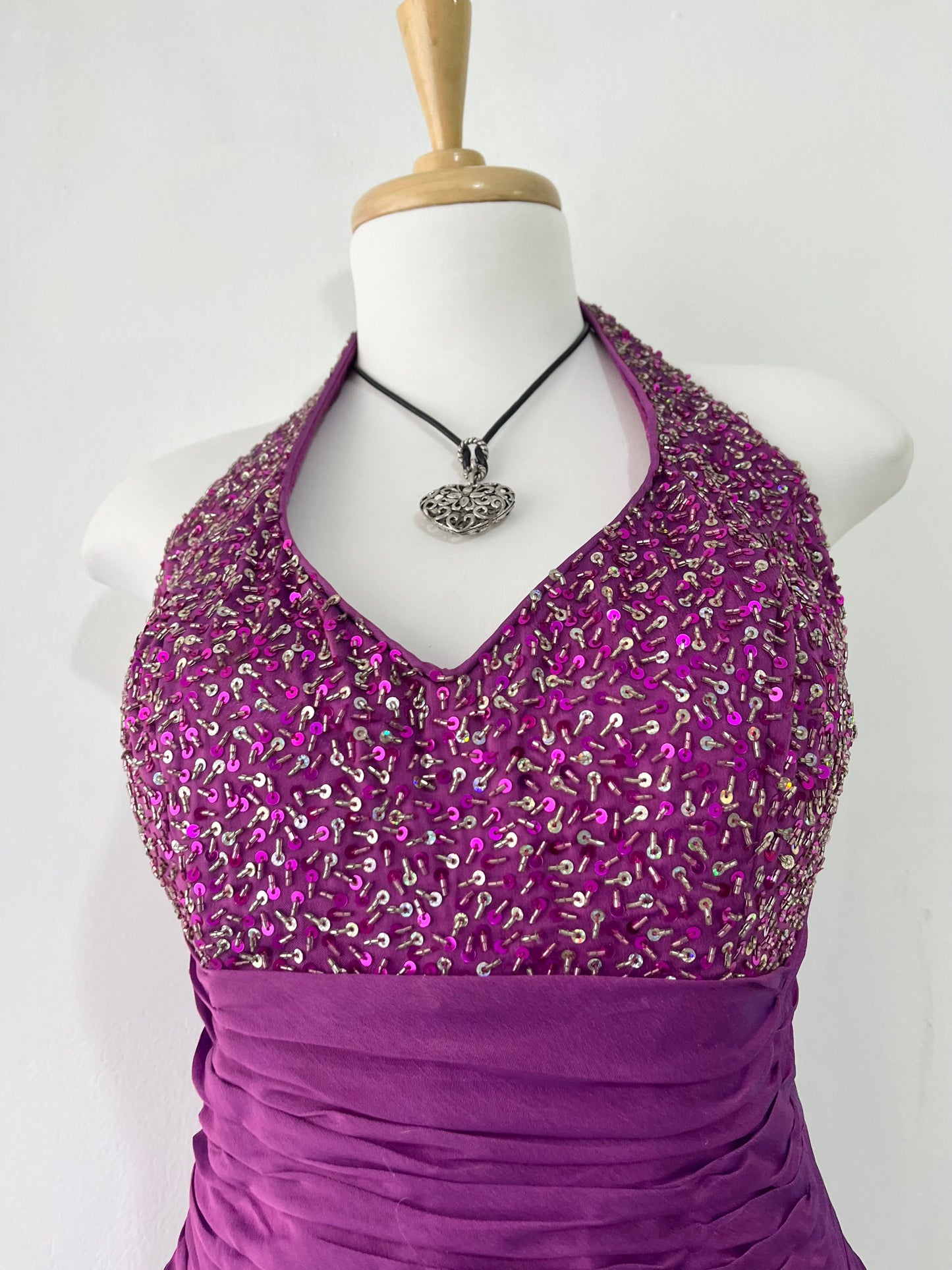 Purple corset dress with embroidered sequin and floral designs