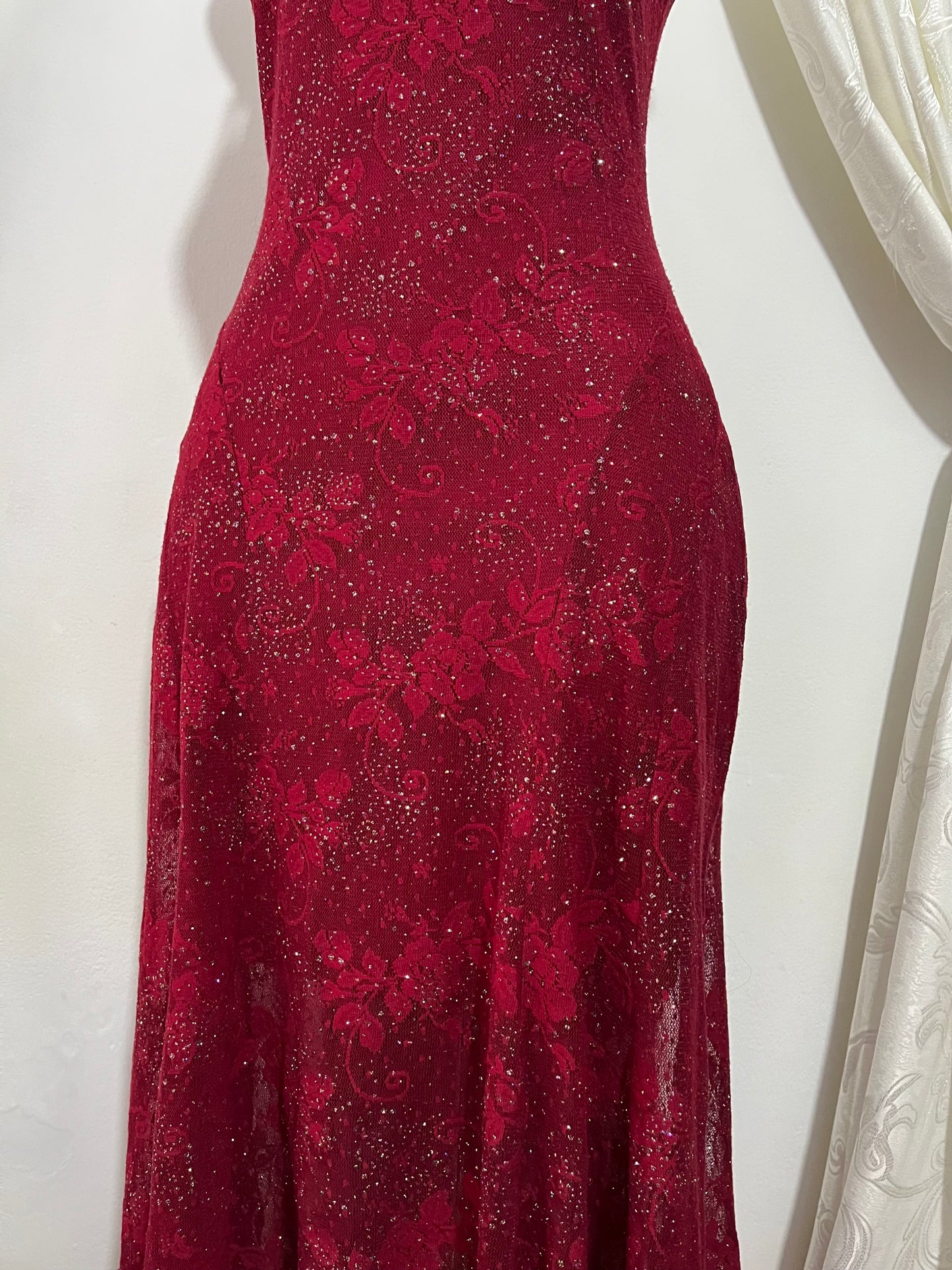 Red lace high-low dress with silver sparkles- size M/L