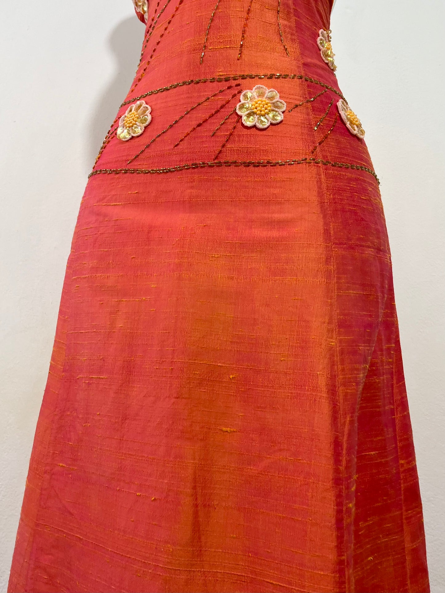 Vintage iridescent halter dress in silk shantung with rhinestone, sequin, and embellishment embroidery- size XS