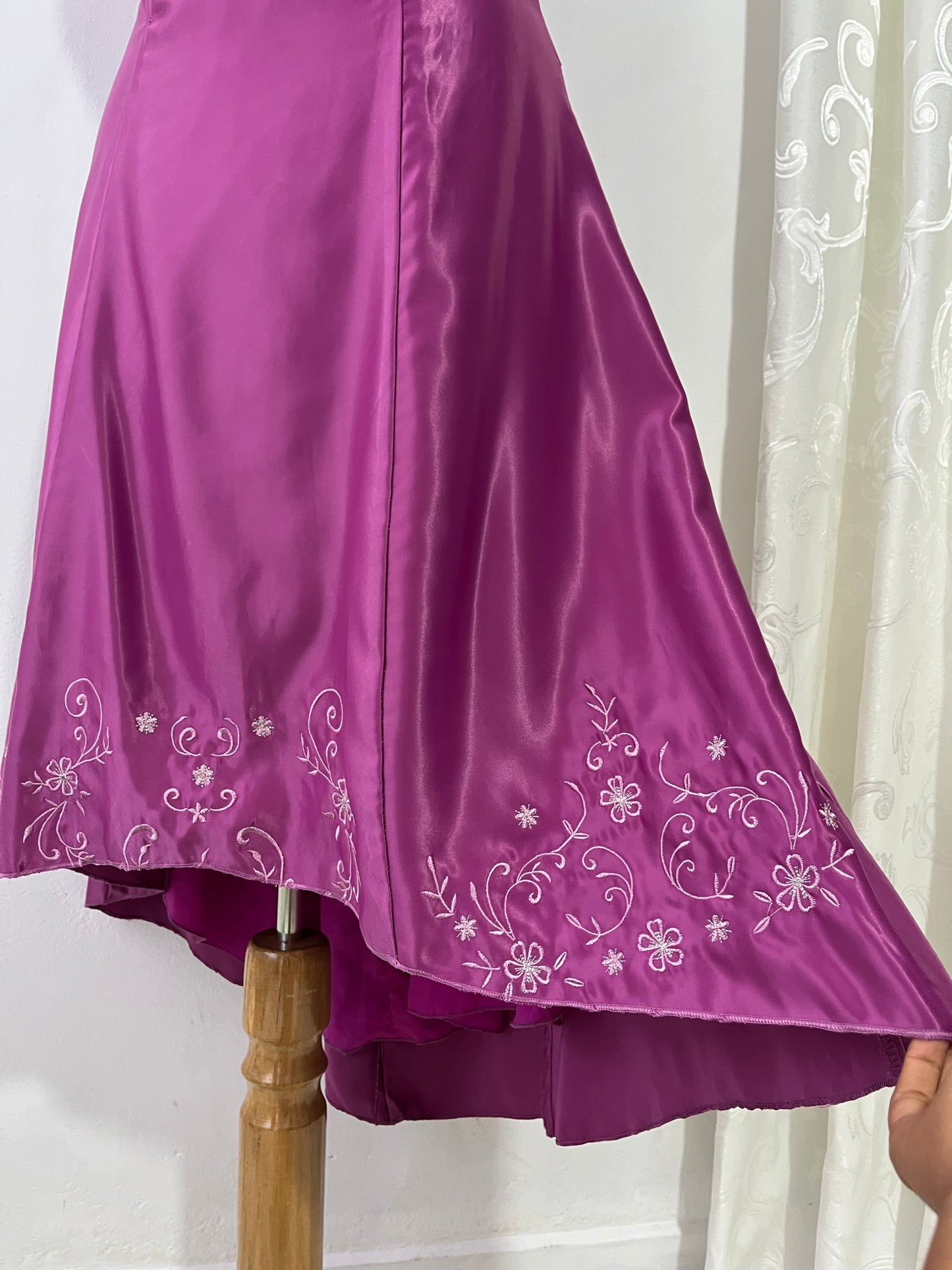 Magenta corset dress with floral designs embroidered in lilac and silver thread