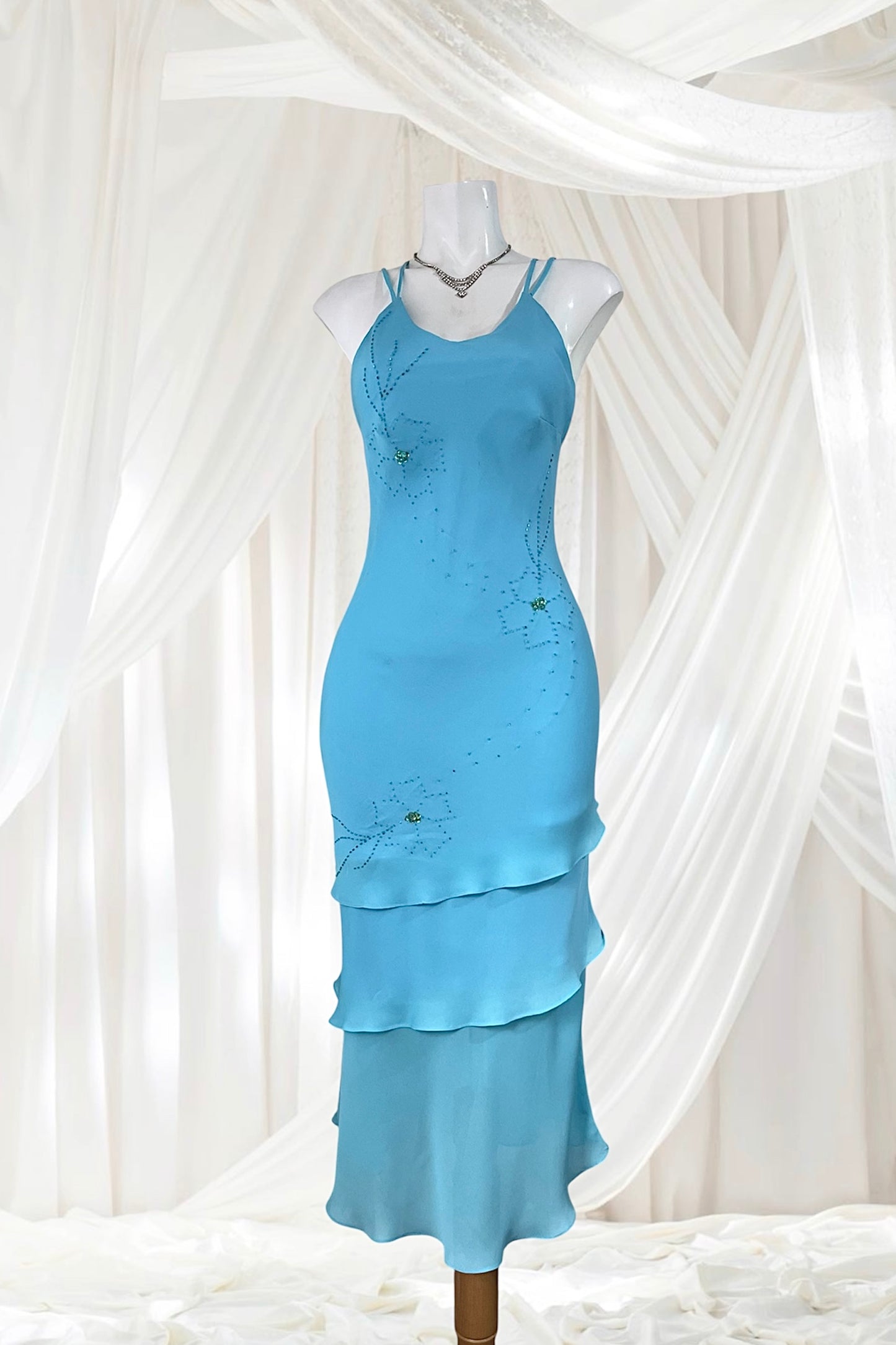 Light blue layered dress with embroidered sequins- size S/M