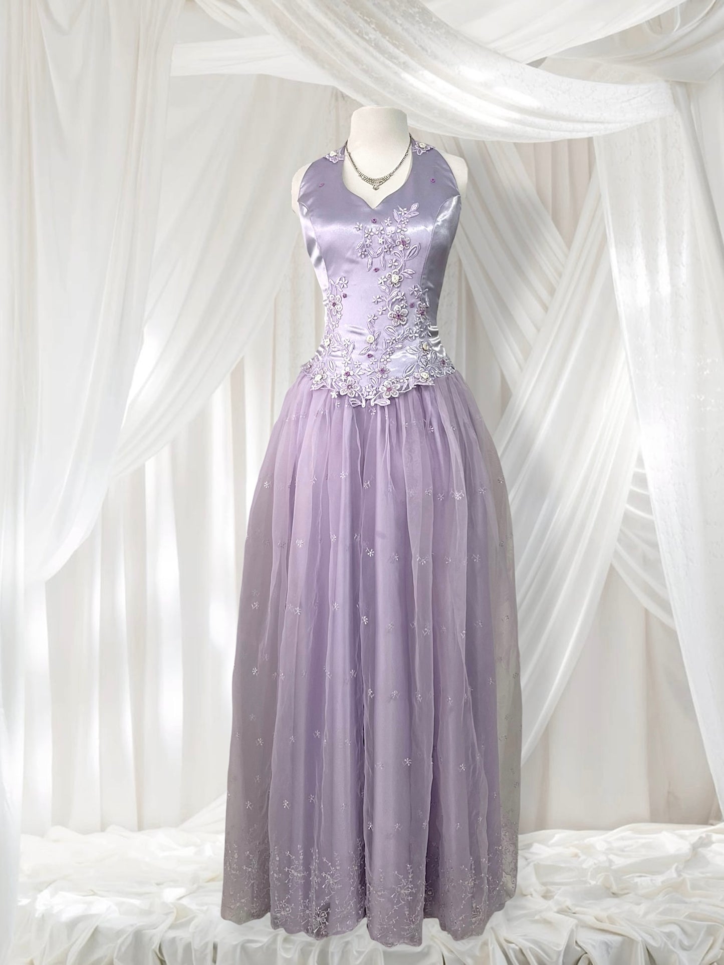 Lavender corset dress with floral embroidery