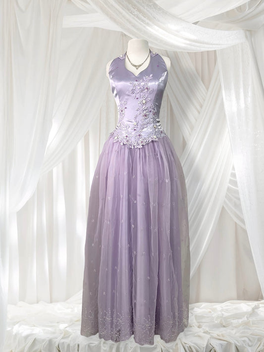 Lavender corset dress with floral embroidery