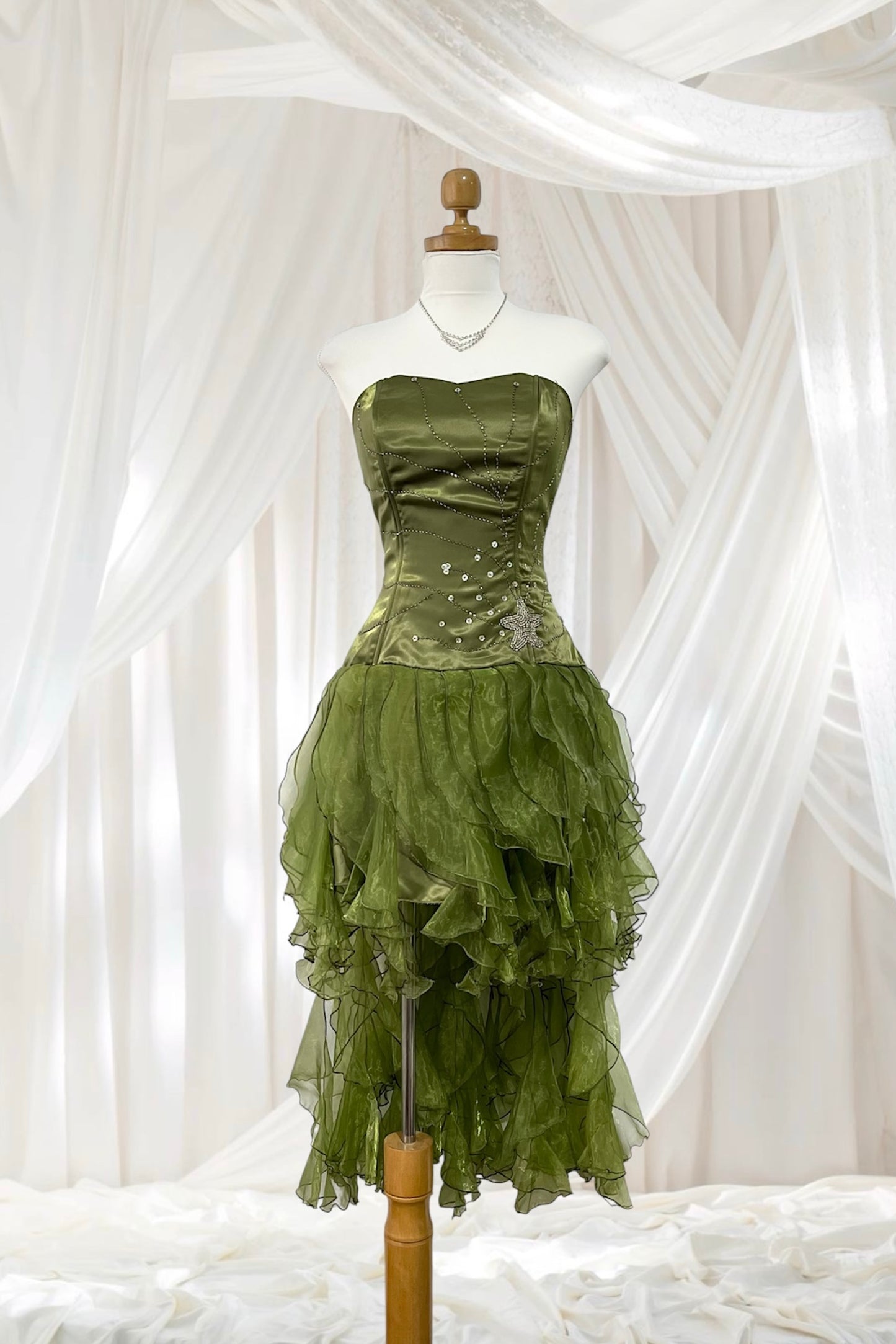 Olive green high-low corset dress with hand-embroidered rhinestones and ruffles- size S