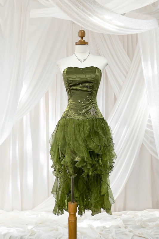 Olive green high-low corset dress with hand-embroidered rhinestones and ruffles- size S