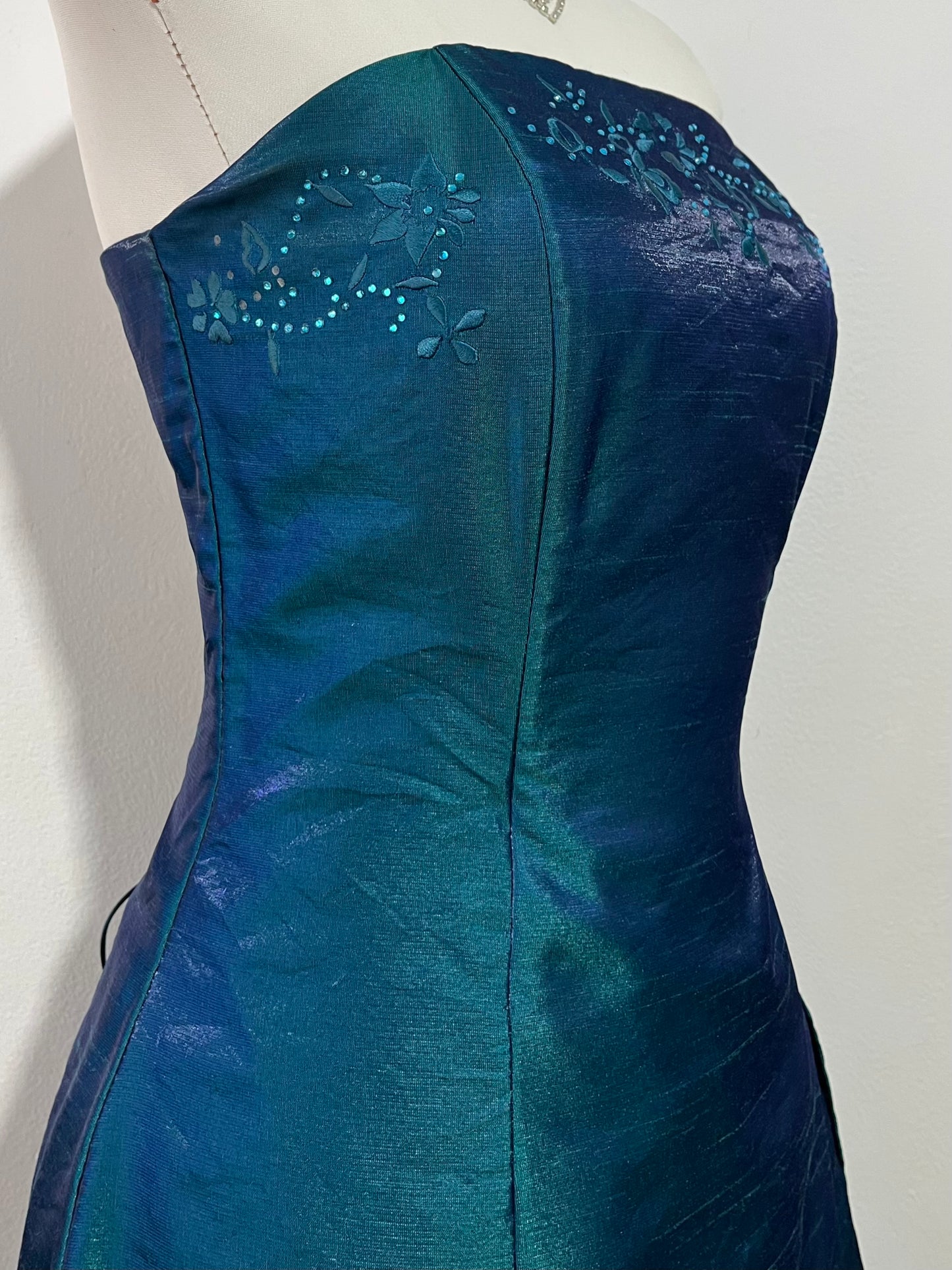 Teal corset dress in iridescent taffeta with floral appliqués and embroidery- size S