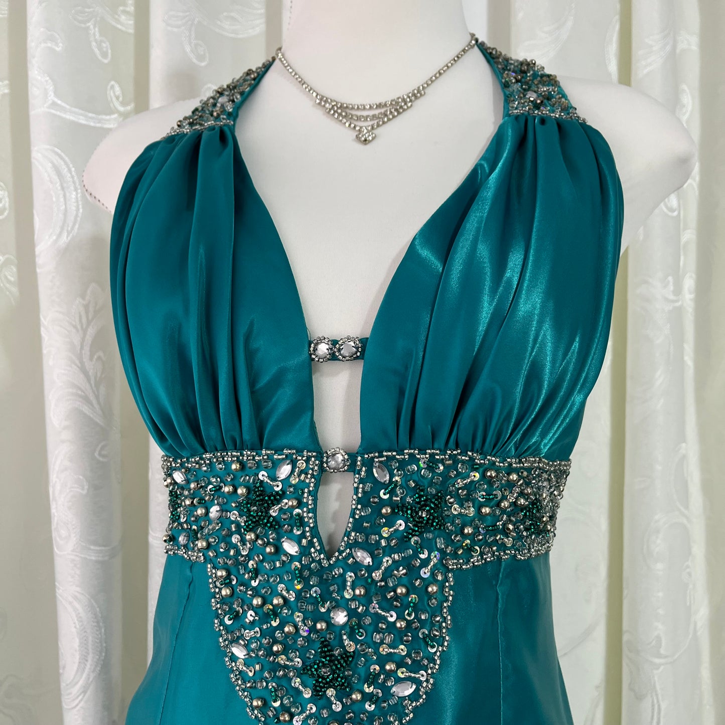 Teal satin beaded corset mini dress