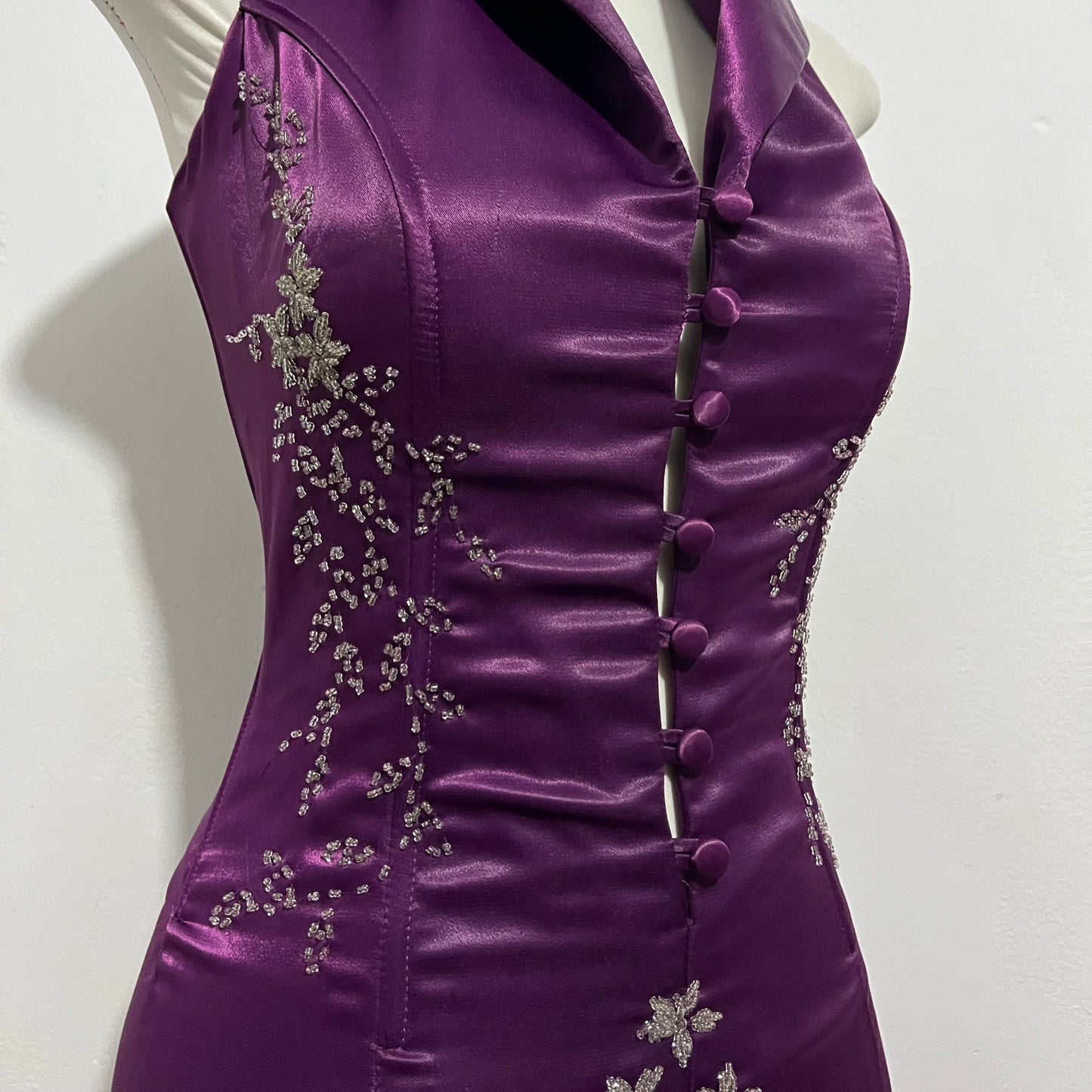 Corset evening dress in a vibrant purple color with exquisite handmade floral embroidery- size S