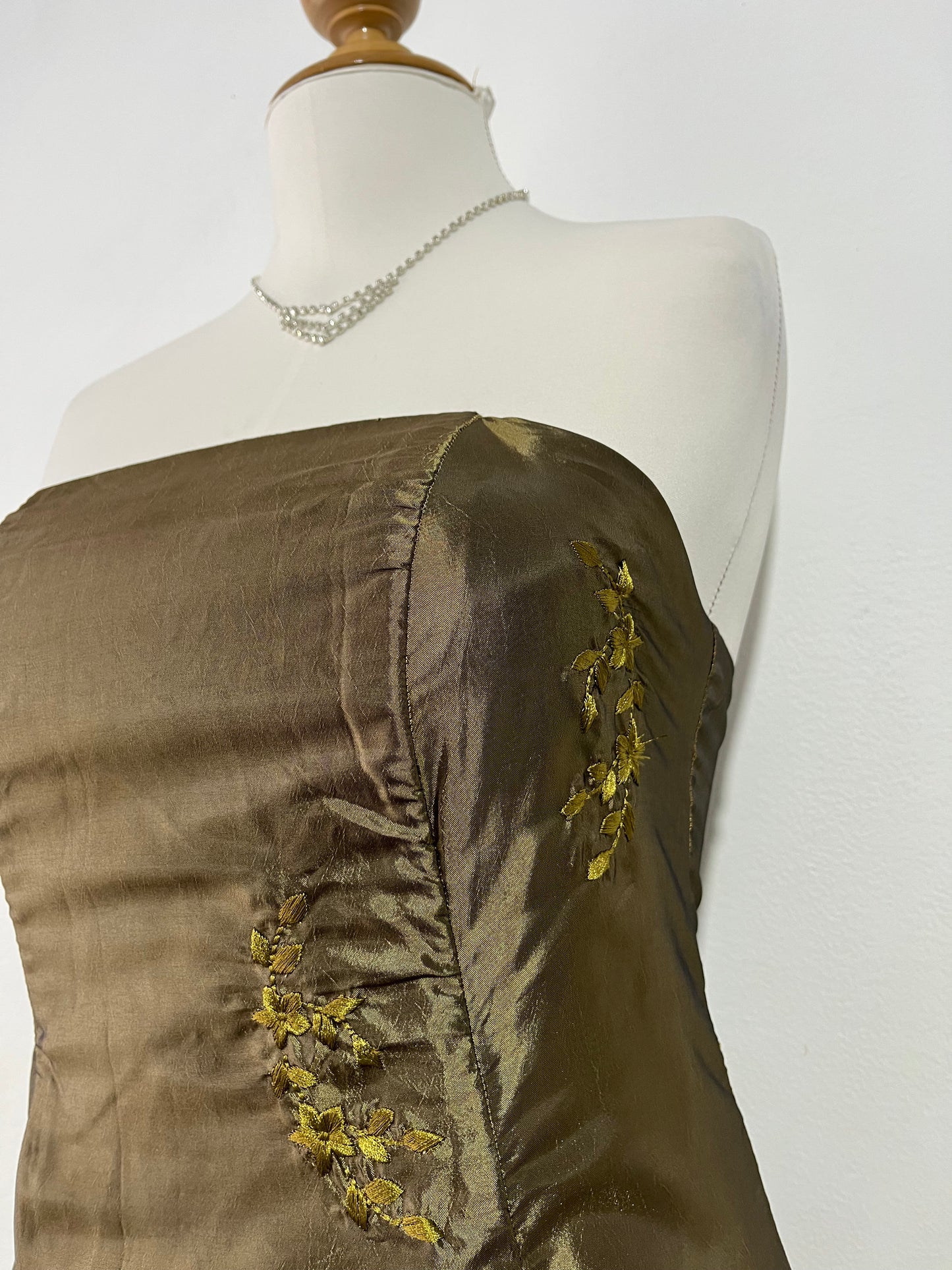 Moss green taffeta corset dress with floral embroidery- size M/L