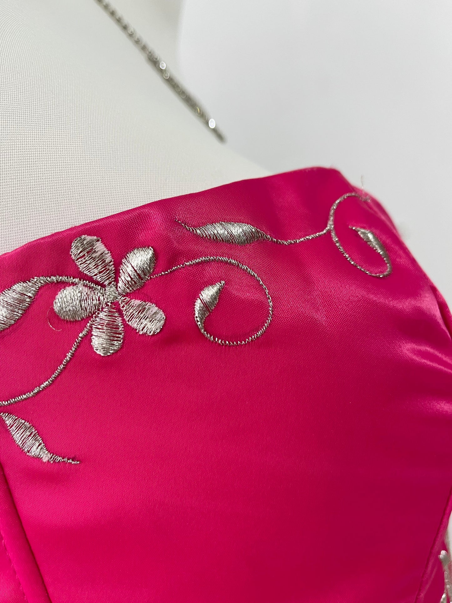 Fuchsia corset princess dress with floral embroidery, satin silk skirt with pearly chiffon lining- size XS