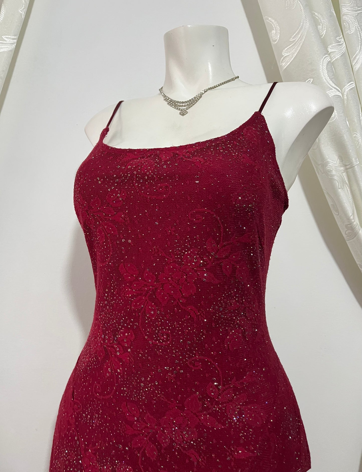 Red lace high-low dress with silver sparkles- size M/L