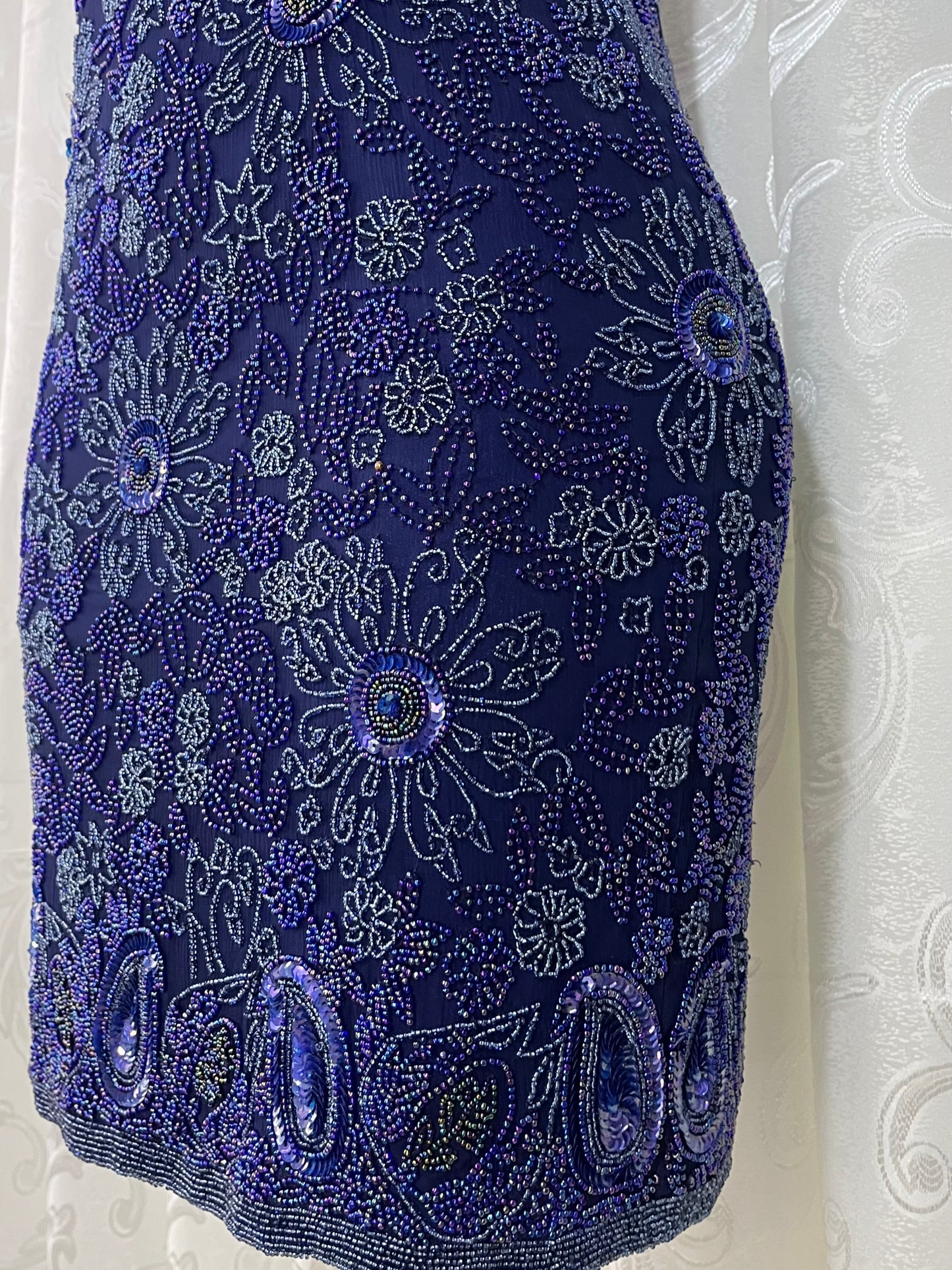 Navy silk mini dress with exquisite handmade raised floral embroidery-size S