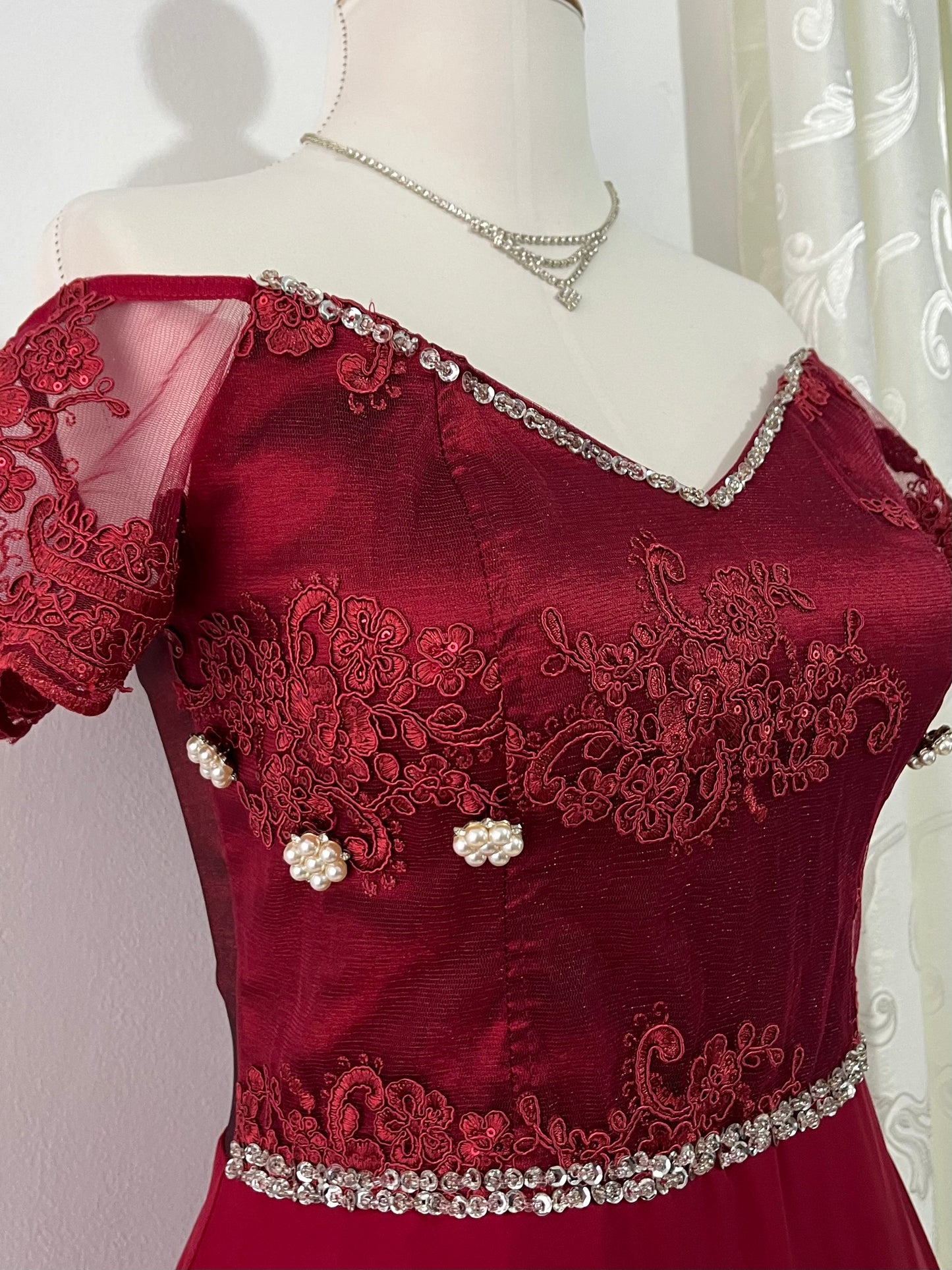 Burgundy corset gown dress with embellishment and pearls- Size M/L