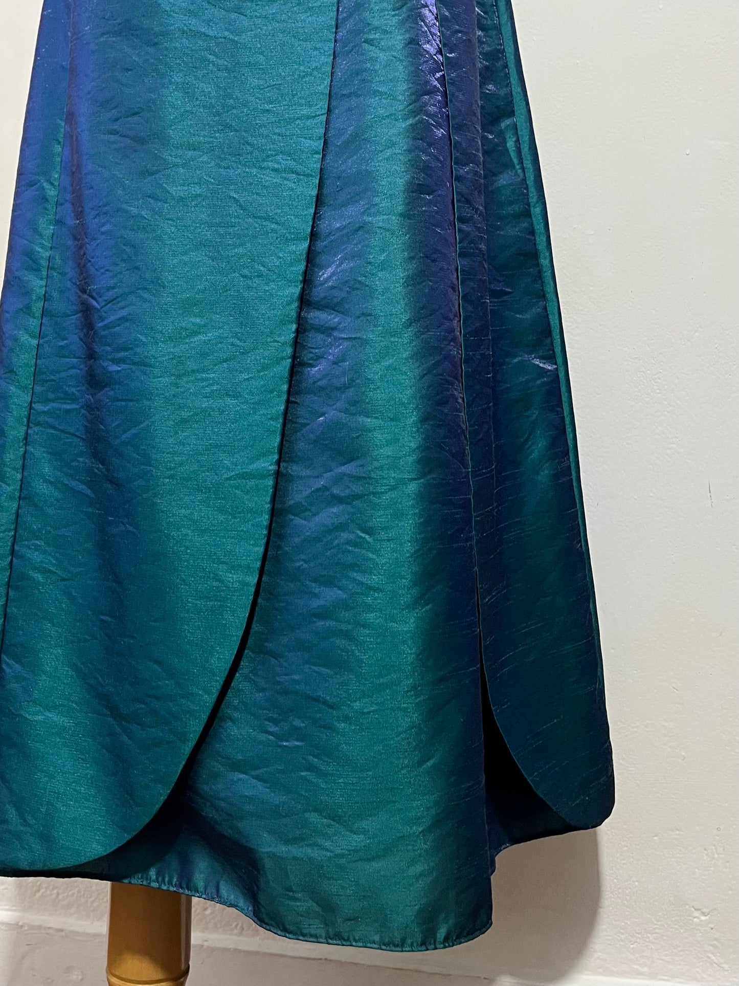 Teal corset dress in iridescent taffeta with floral appliqués and embroidery- size S