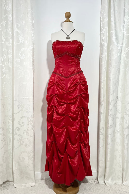 Red strapless corset evening gown with sequins and hand-sewn rhinestones- size M/L
