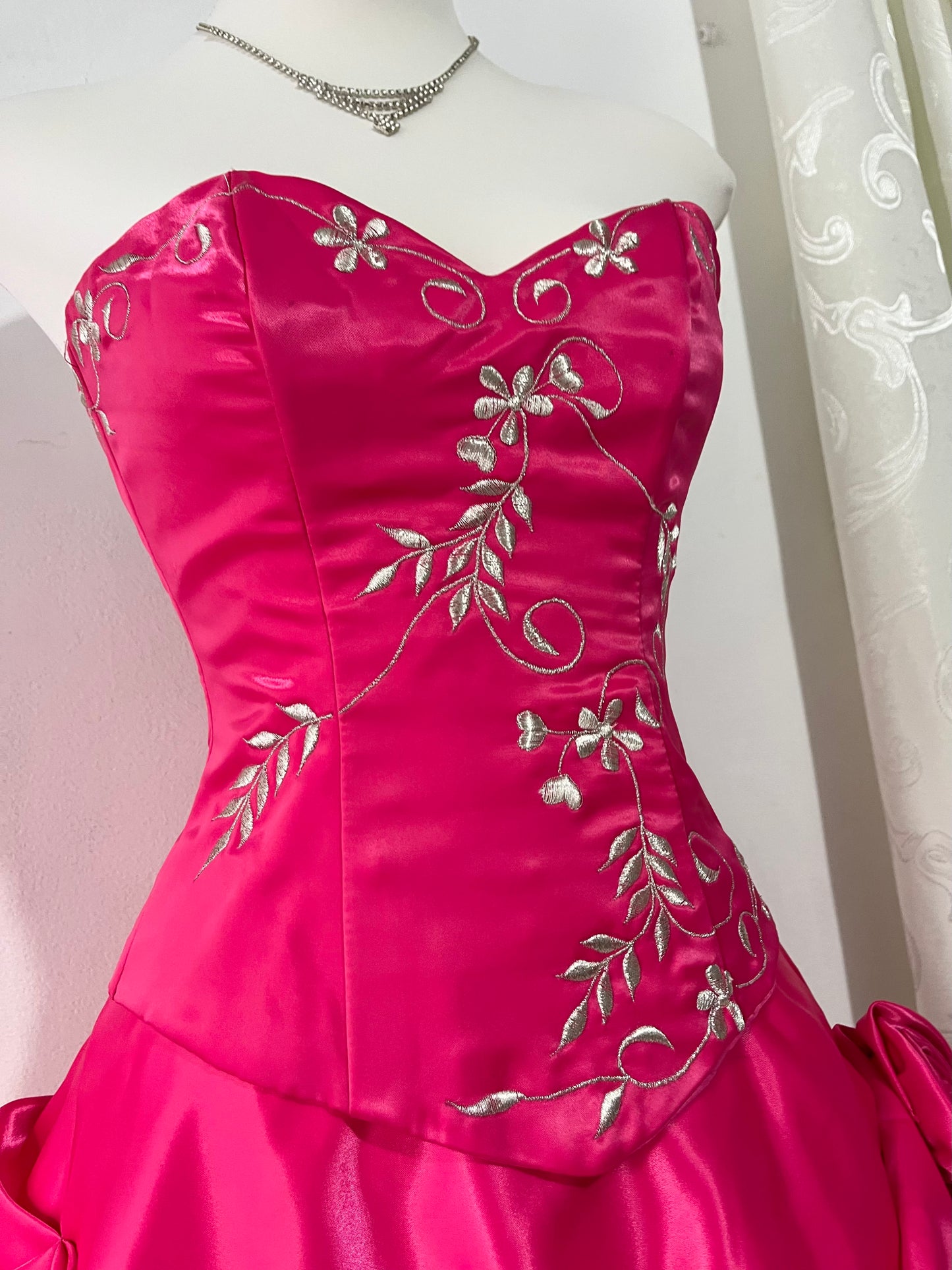 Fuchsia corset princess dress with floral embroidery, satin silk skirt with pearly chiffon lining- size XS