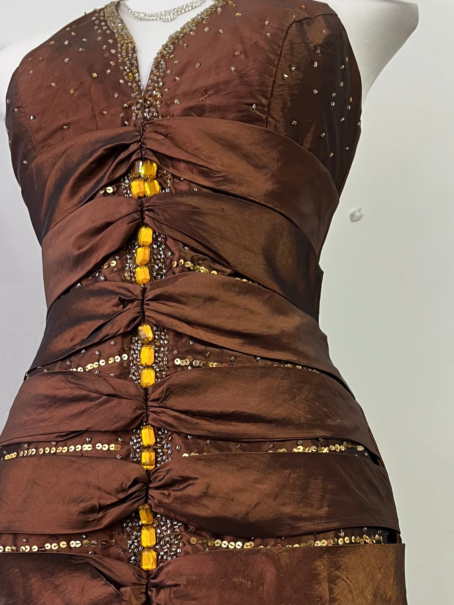 Shimmery brown corset dress with exquisite rhinestone embroidery and embellishments-size S