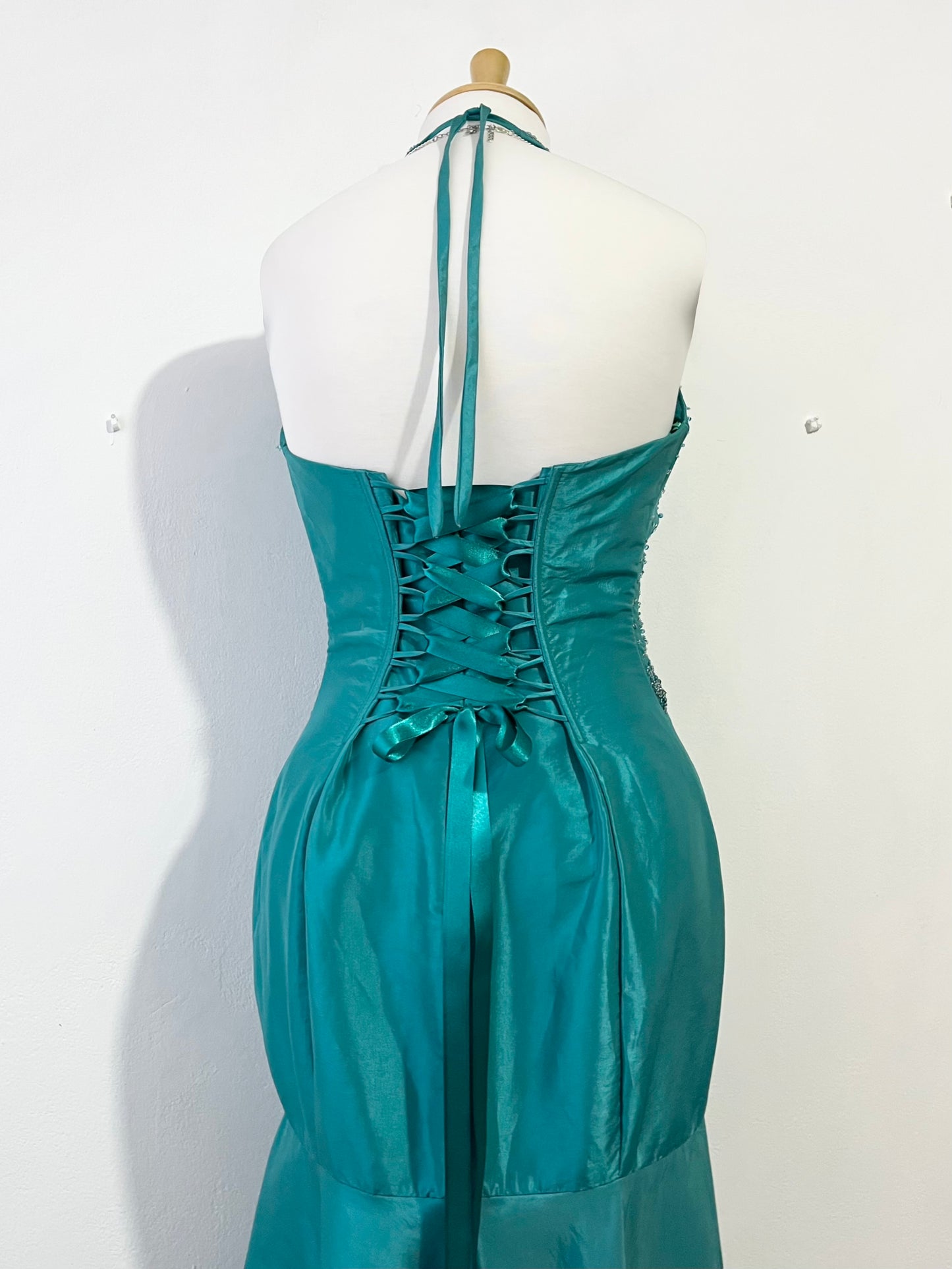 Teal mermaid style corset dress with hand embroidered rhinestones and beads-size S
