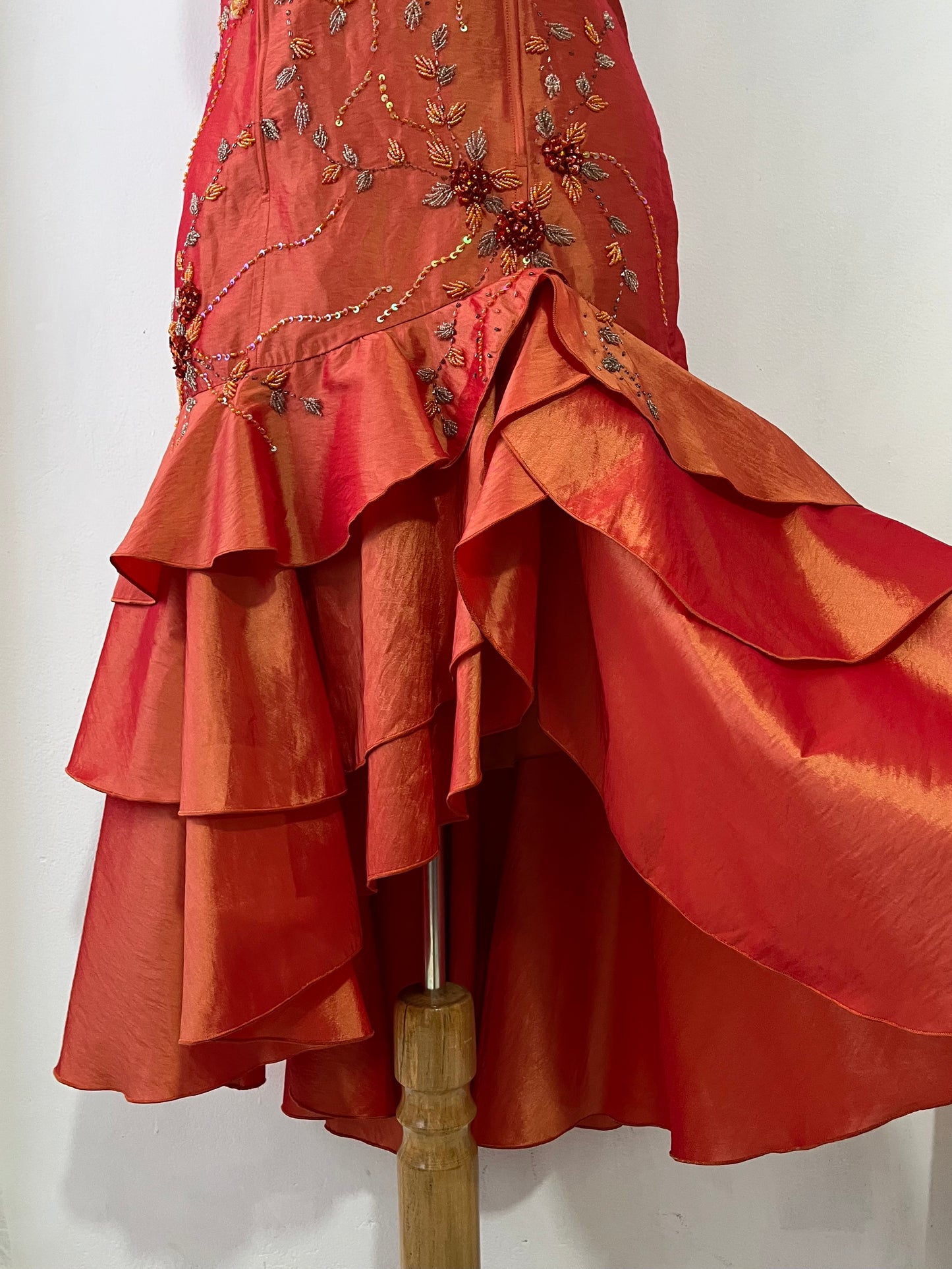 Amber taffeta corset dress decorated with exquisite hand-embroidered beads-size L