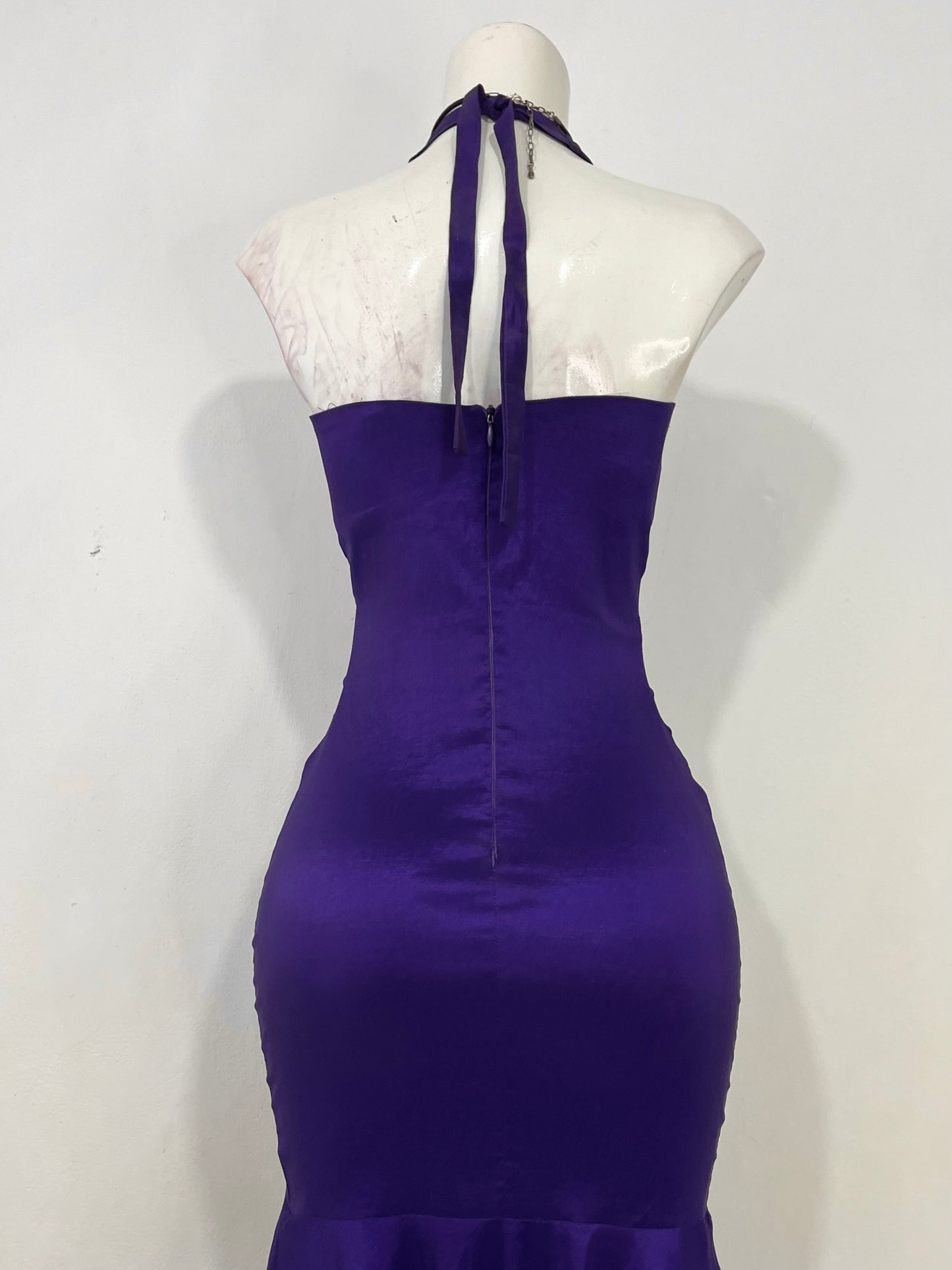 Purple blue Iridescent taffeta stretch halter dress with rhinestones and embellishments- size M