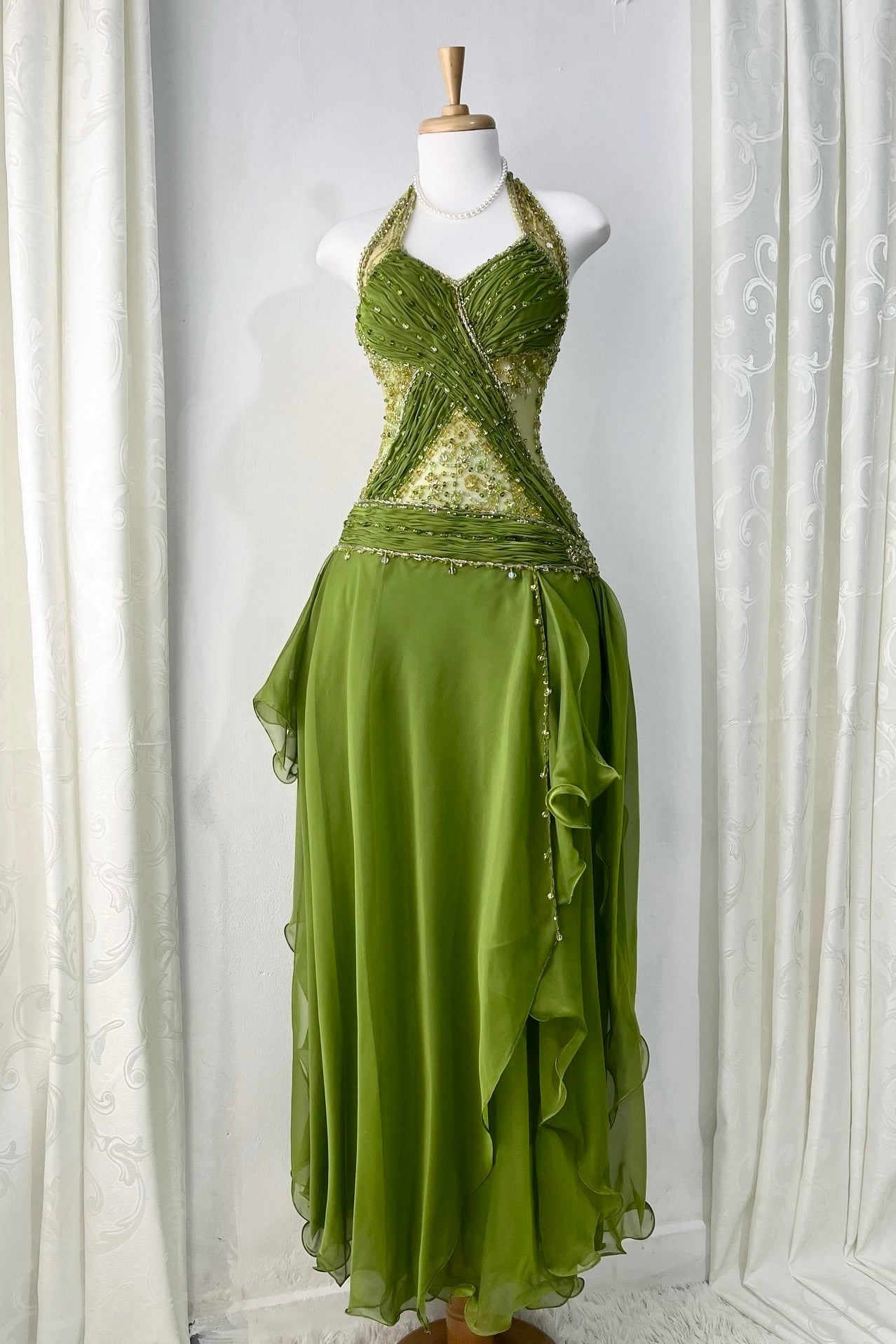Dreamy fairy olive green dress with rhinestone and bead embroidery
