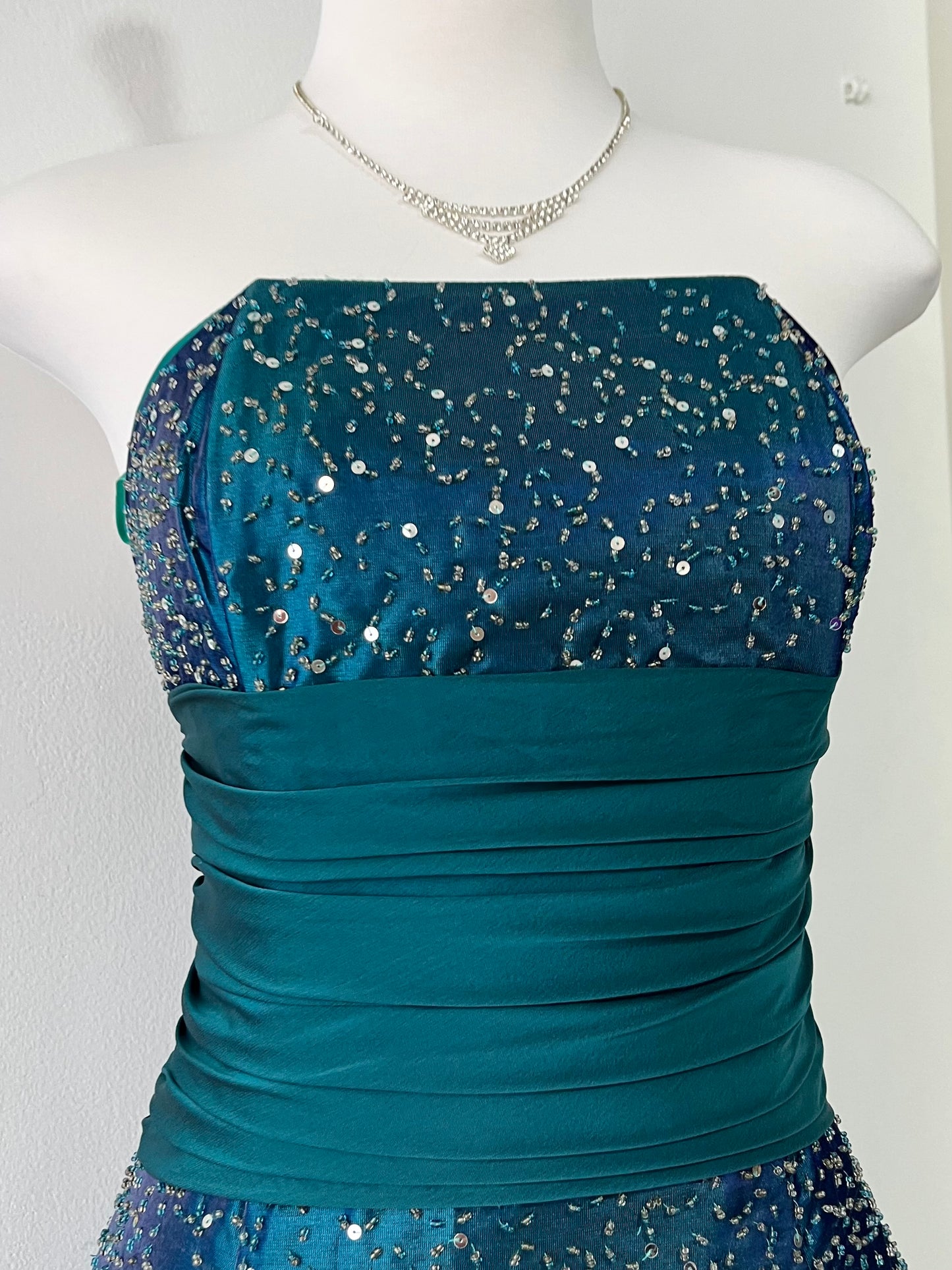 Iridescent teal corset dress with exquisite embellishments and hand-embroidered beads+ matching shawl