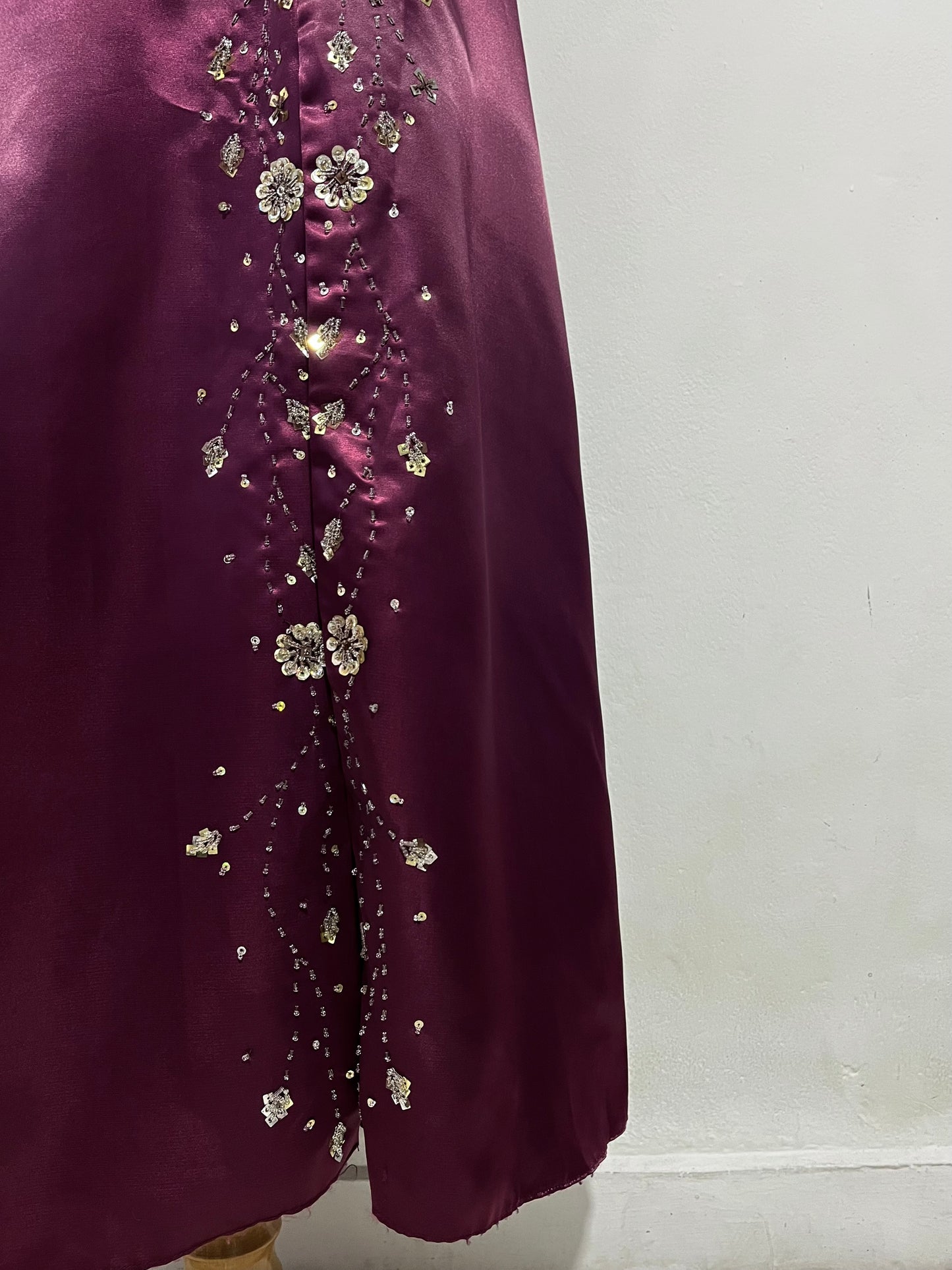 Wine purple satin corset dress with exquisite sequin and rhinestone embroidery- L/XL