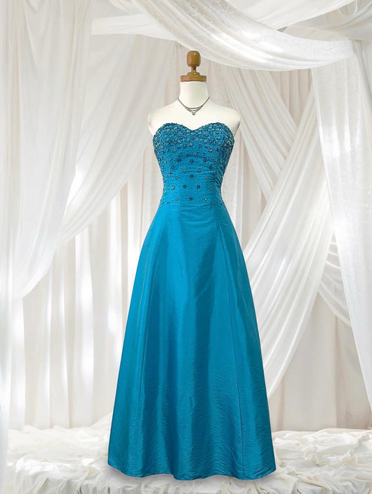 Corset evening dress in a vibrant turquoise color with exquisite handmade floral embroidery- size S