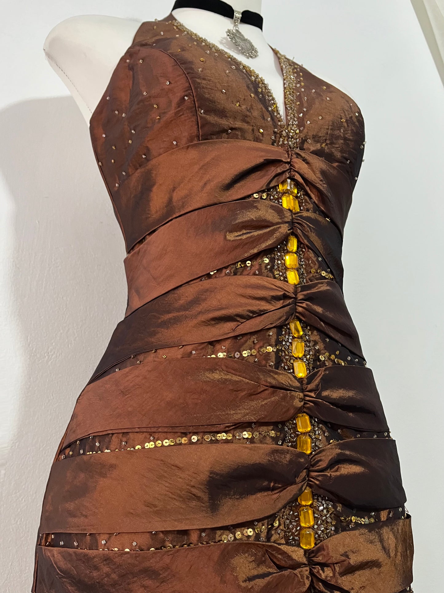 Shimmery brown corset dress with exquisite rhinestone embroidery and embellishments-size S