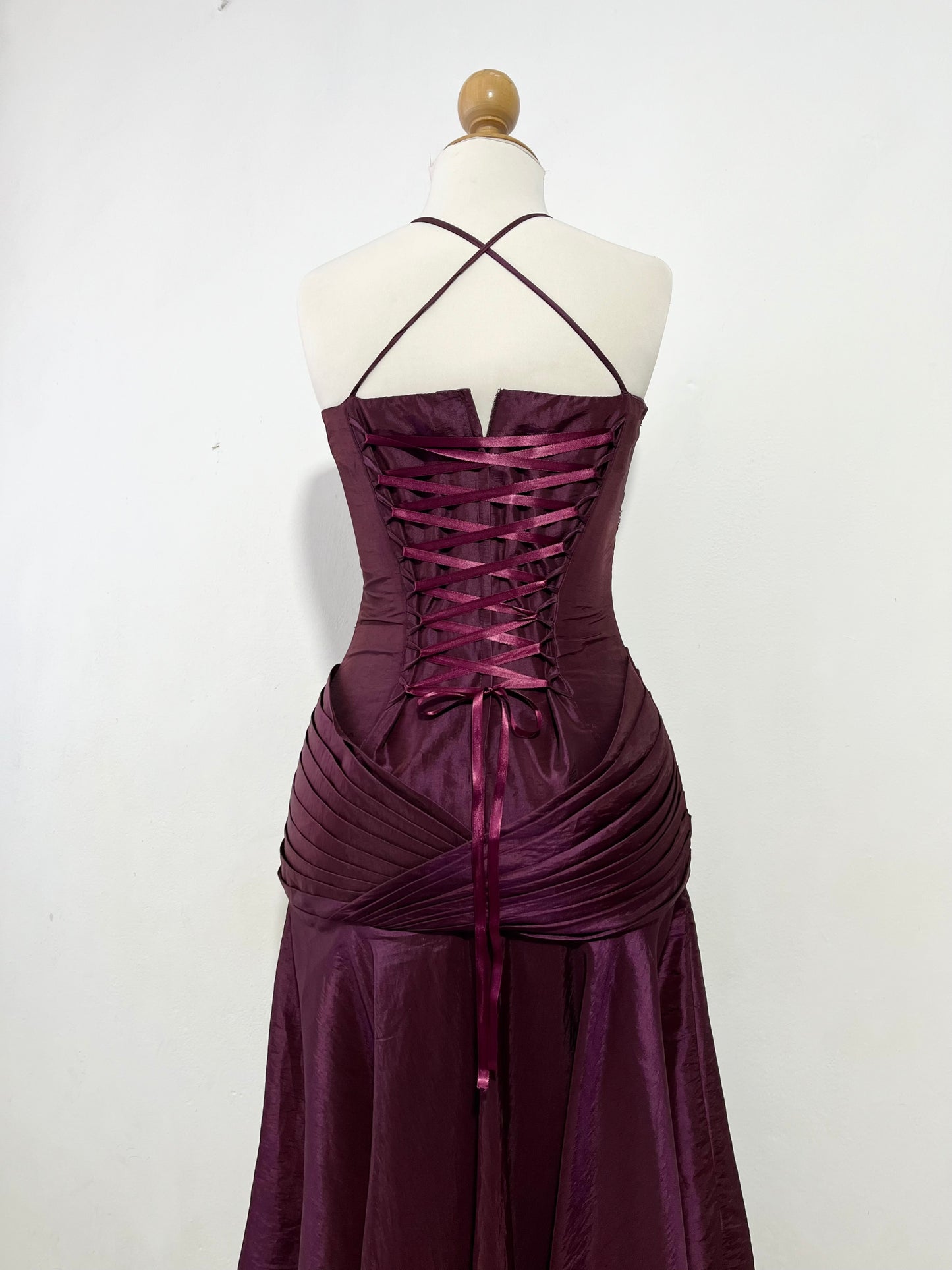 Iridescent wine purple taffeta corset dress with rhinestones and embroidered sequins- size M/L