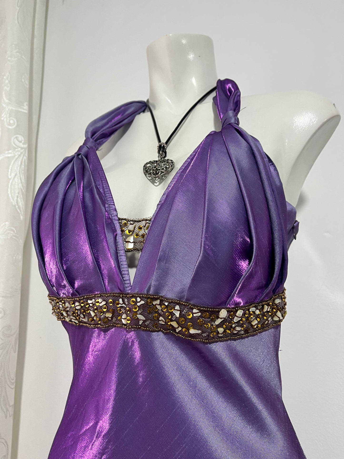 Iridescent purple gown with embellishments and hand embroidered rhinestones - Size M