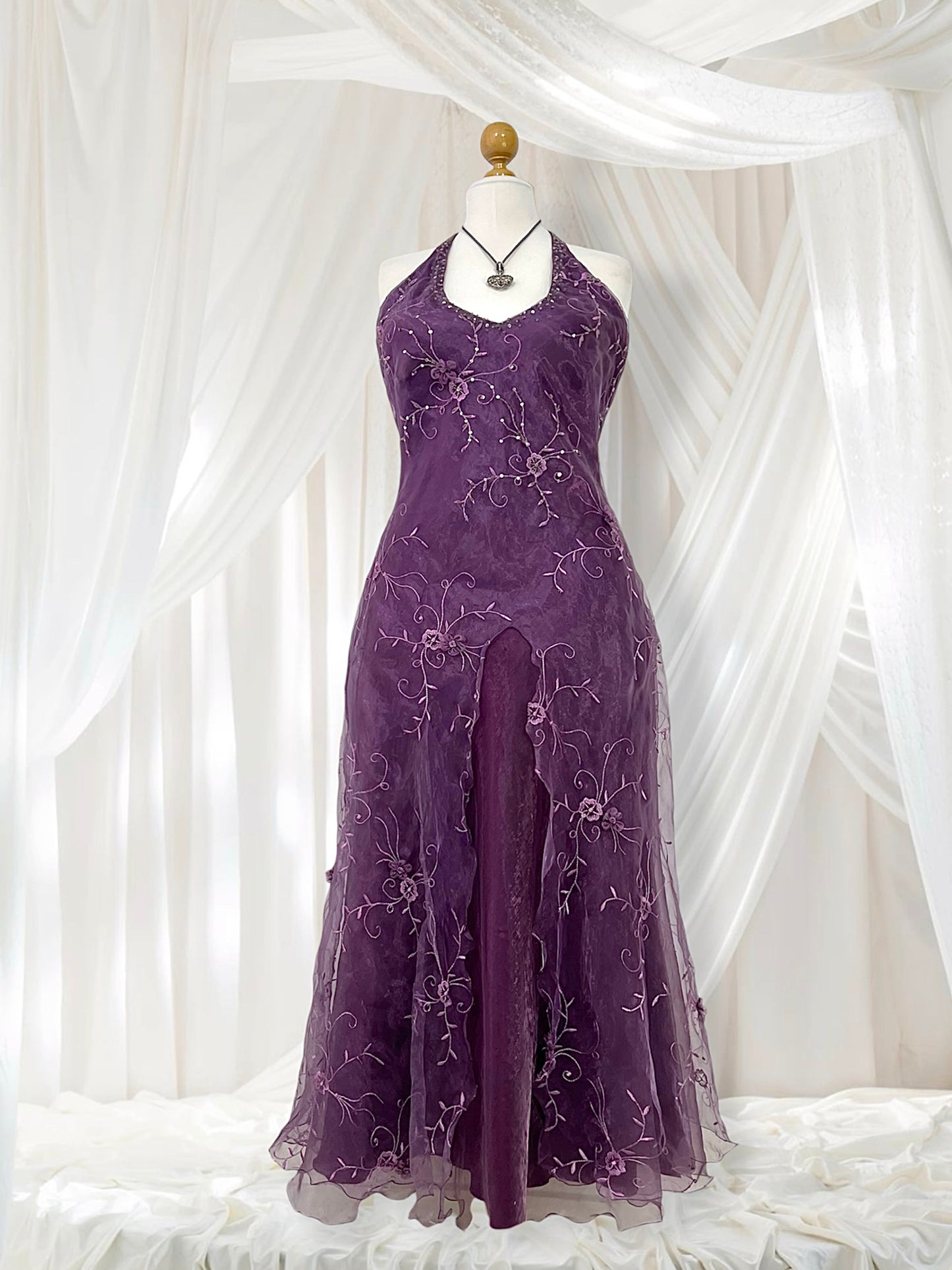 Vintage floral organza halter dress- size L/XL