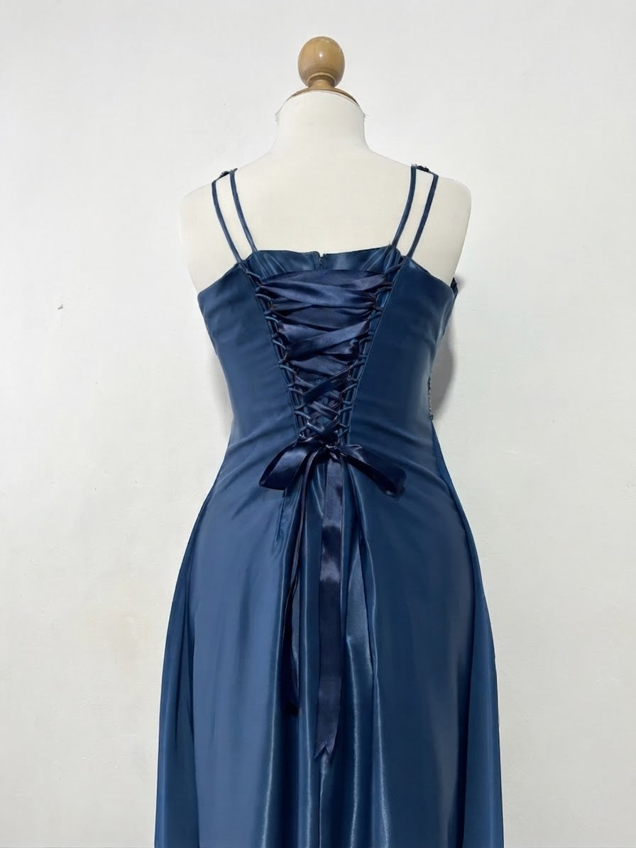 Navy blue corset dress in satin and tulle with rhinestone embroidery- size L/XL