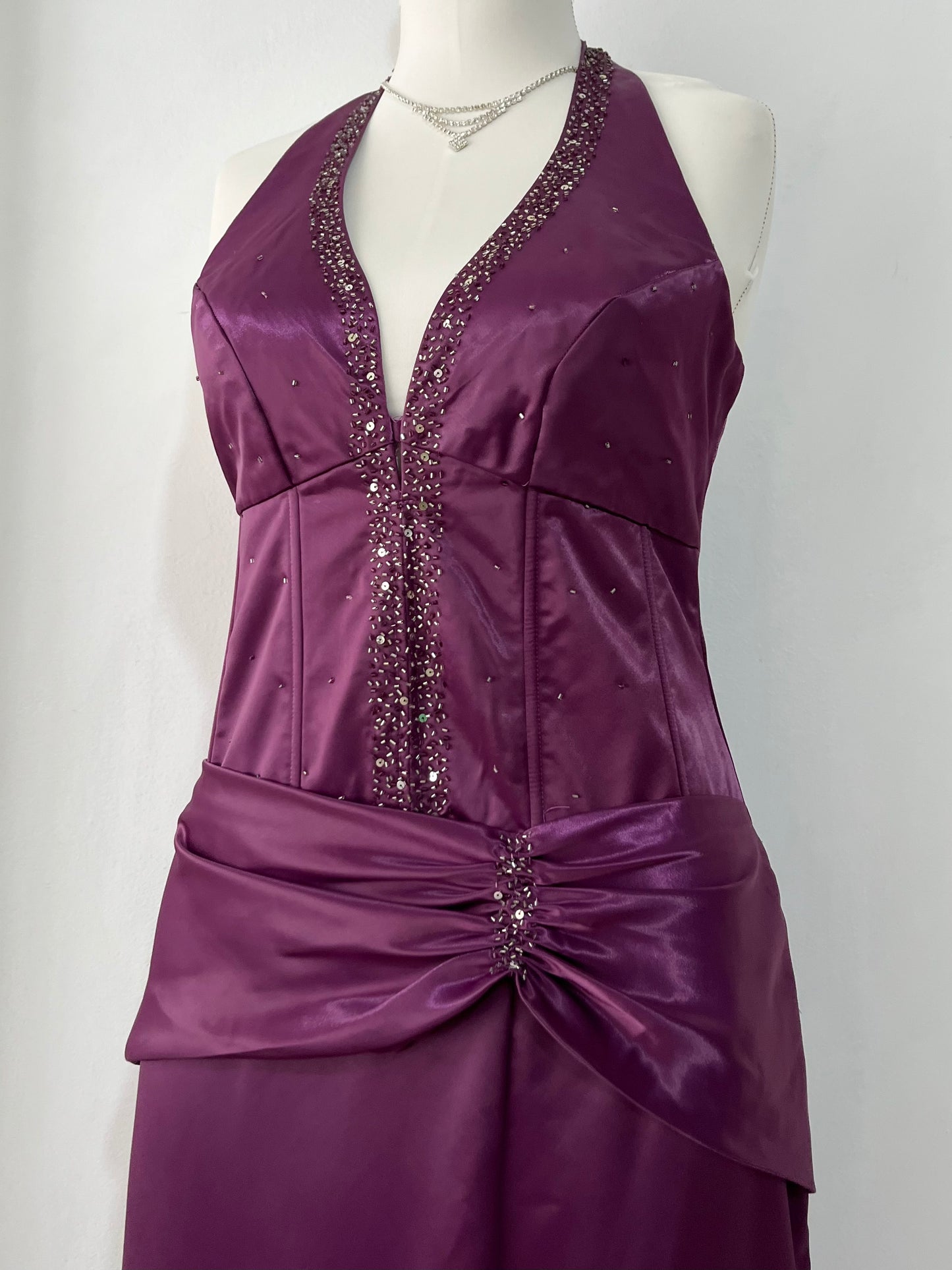 Purple satin corset dress with halter neckline and embroidered embellishments-size L