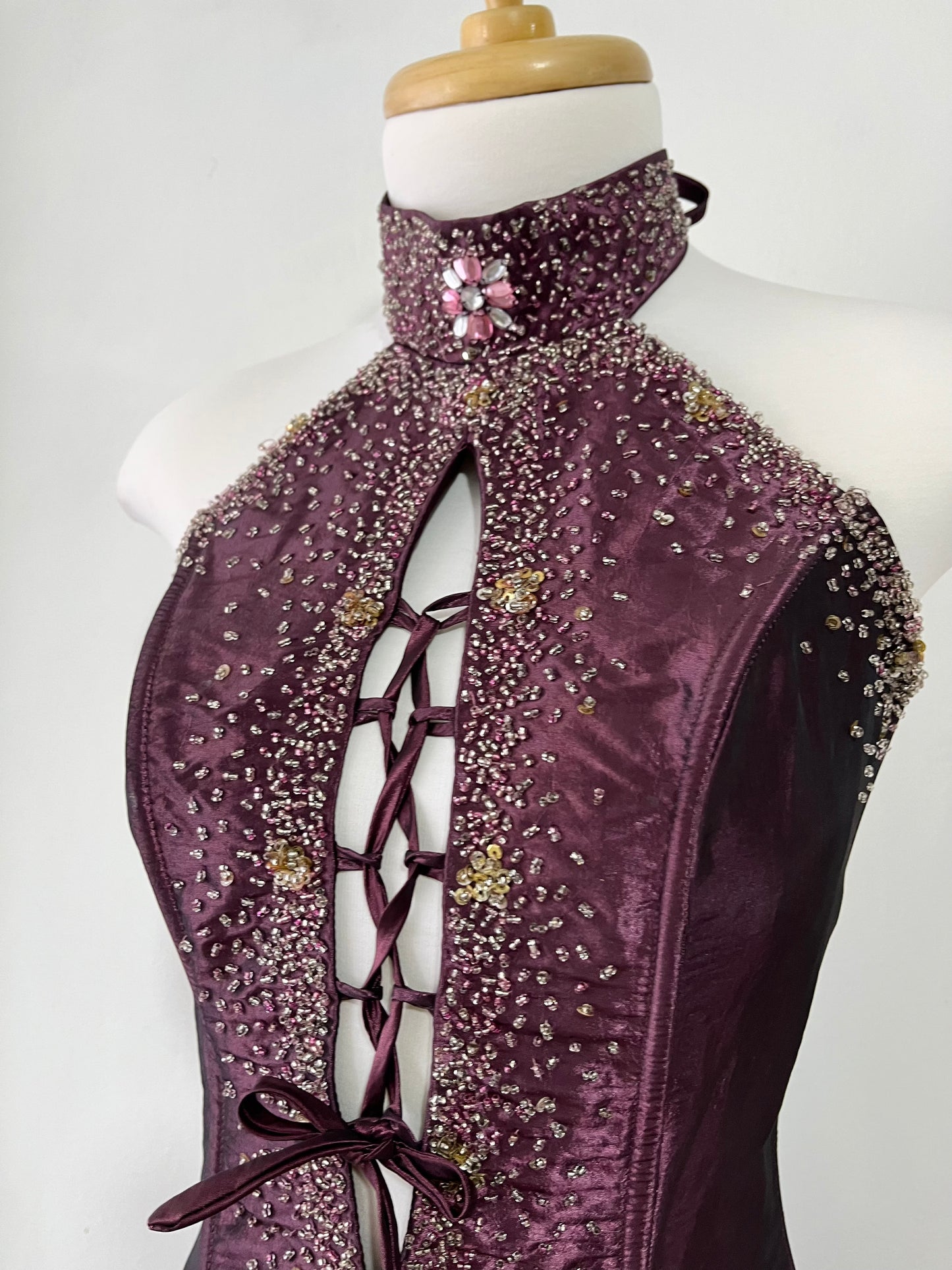 Deep purple corset dress with exquisite embellishments and hand-embroidered beads