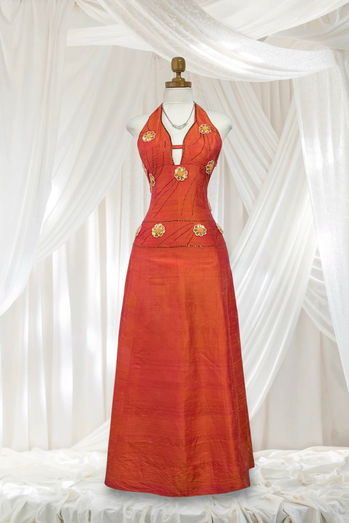 Vintage iridescent halter dress in silk shantung with rhinestone, sequin, and embellishment embroidery- size XS