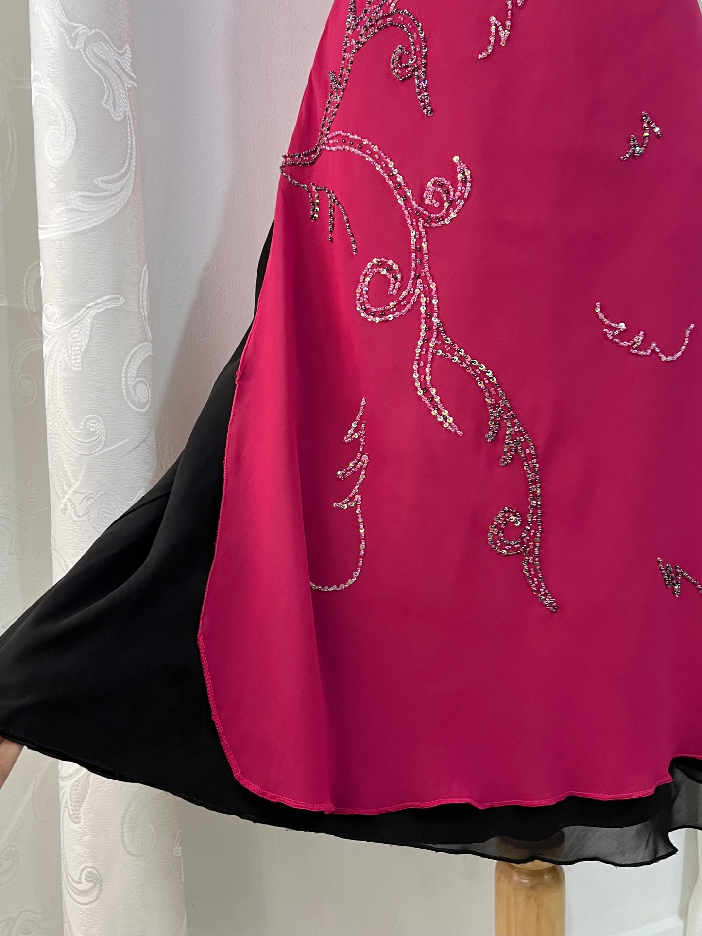 Fuchsia Midi Dress with Butterfly Sleeves and hand-embroidered rhinestone details- size XL