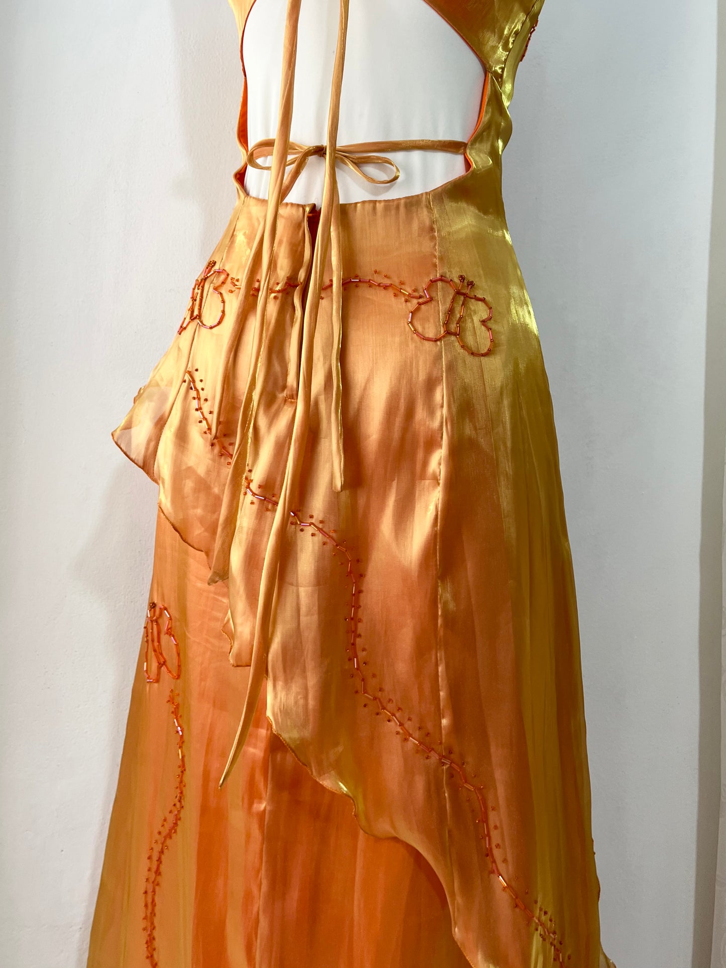 Gradient amber gown with asymmetrical overskirt and beaded embroidery-size S