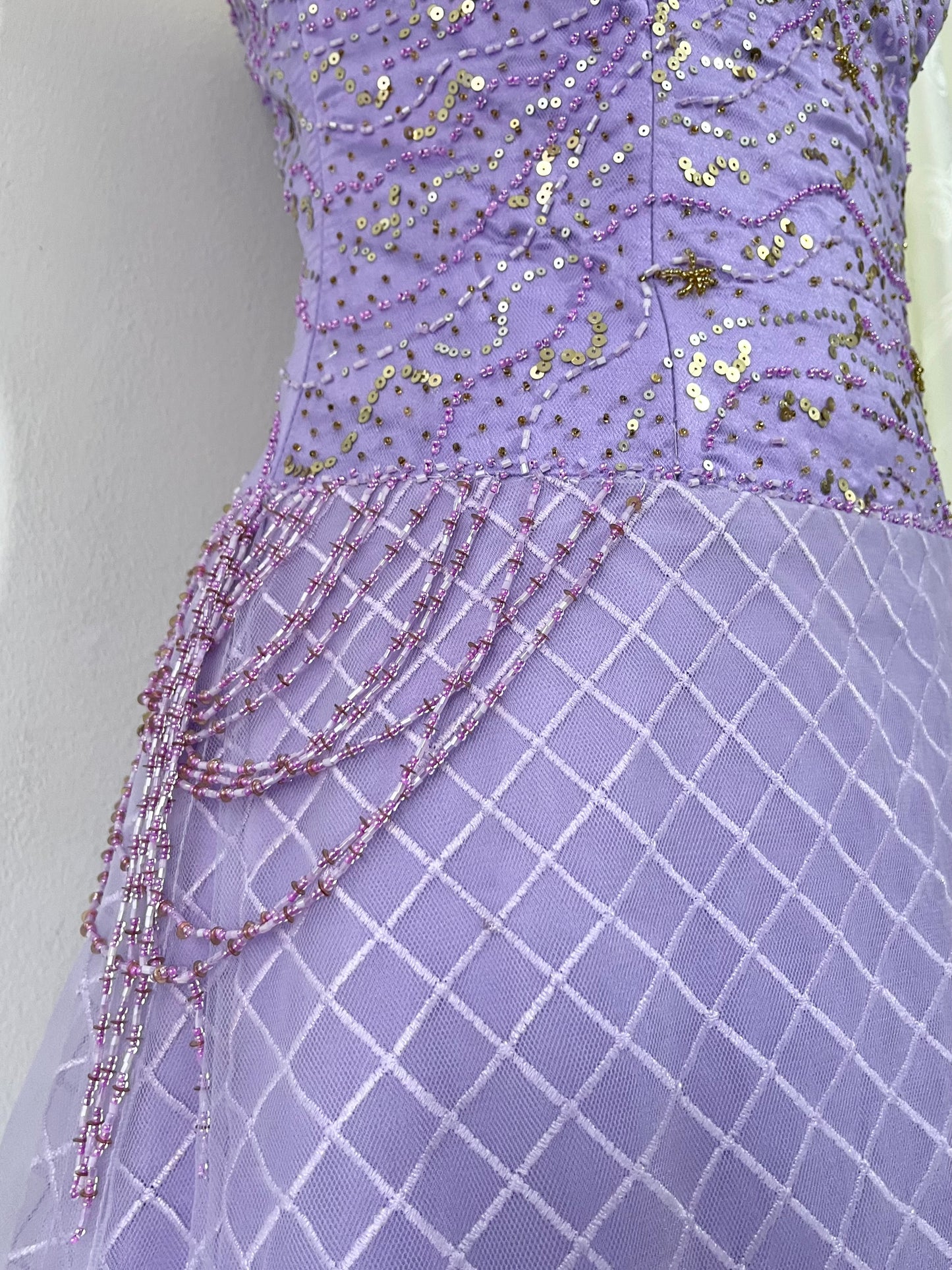 Lilac corset princess dress with exquisite embroidery of embellishments and sequins- size S