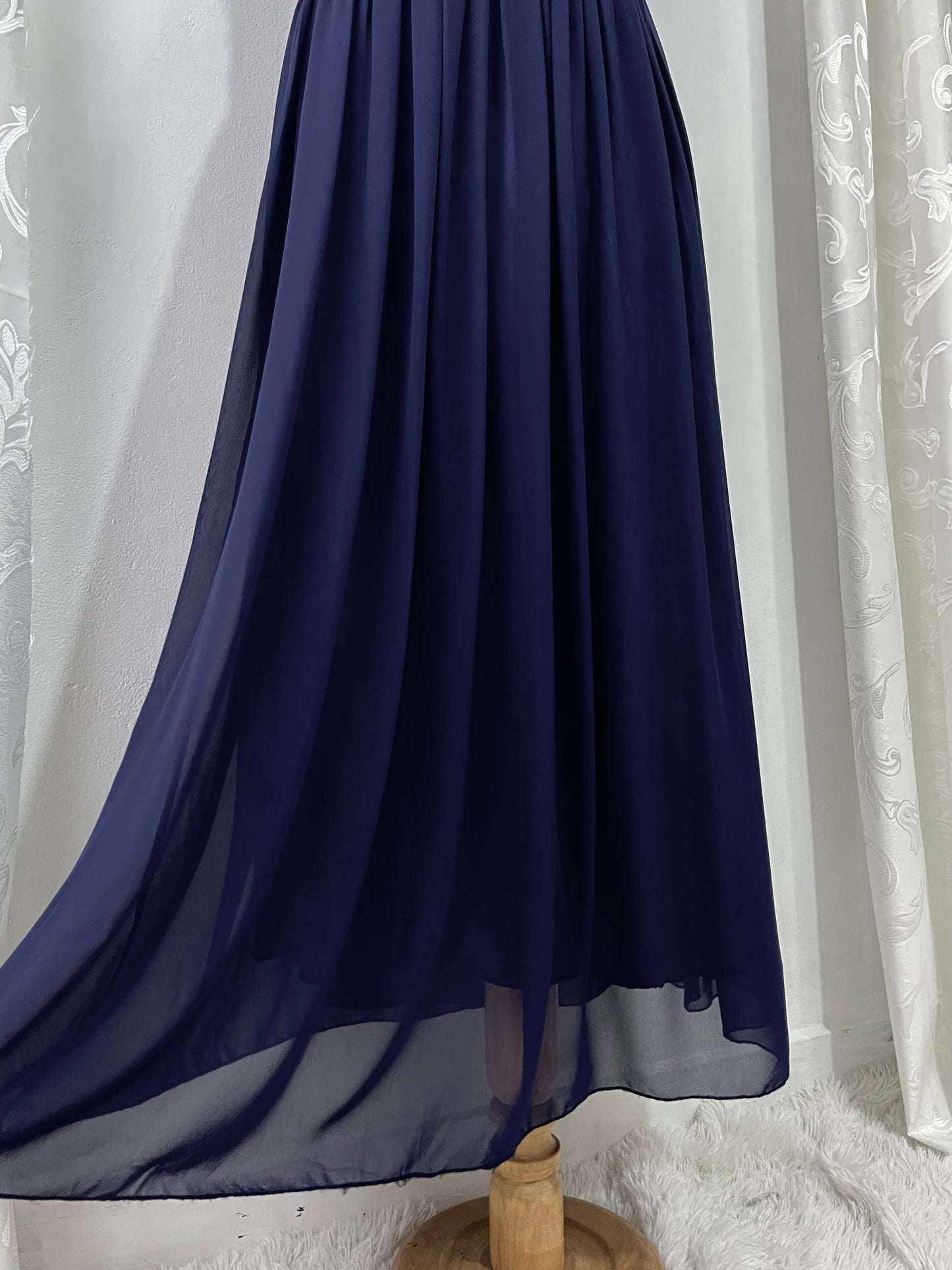 Captivating blue dress with embroidered floral designs and pearls on the chest-Size L