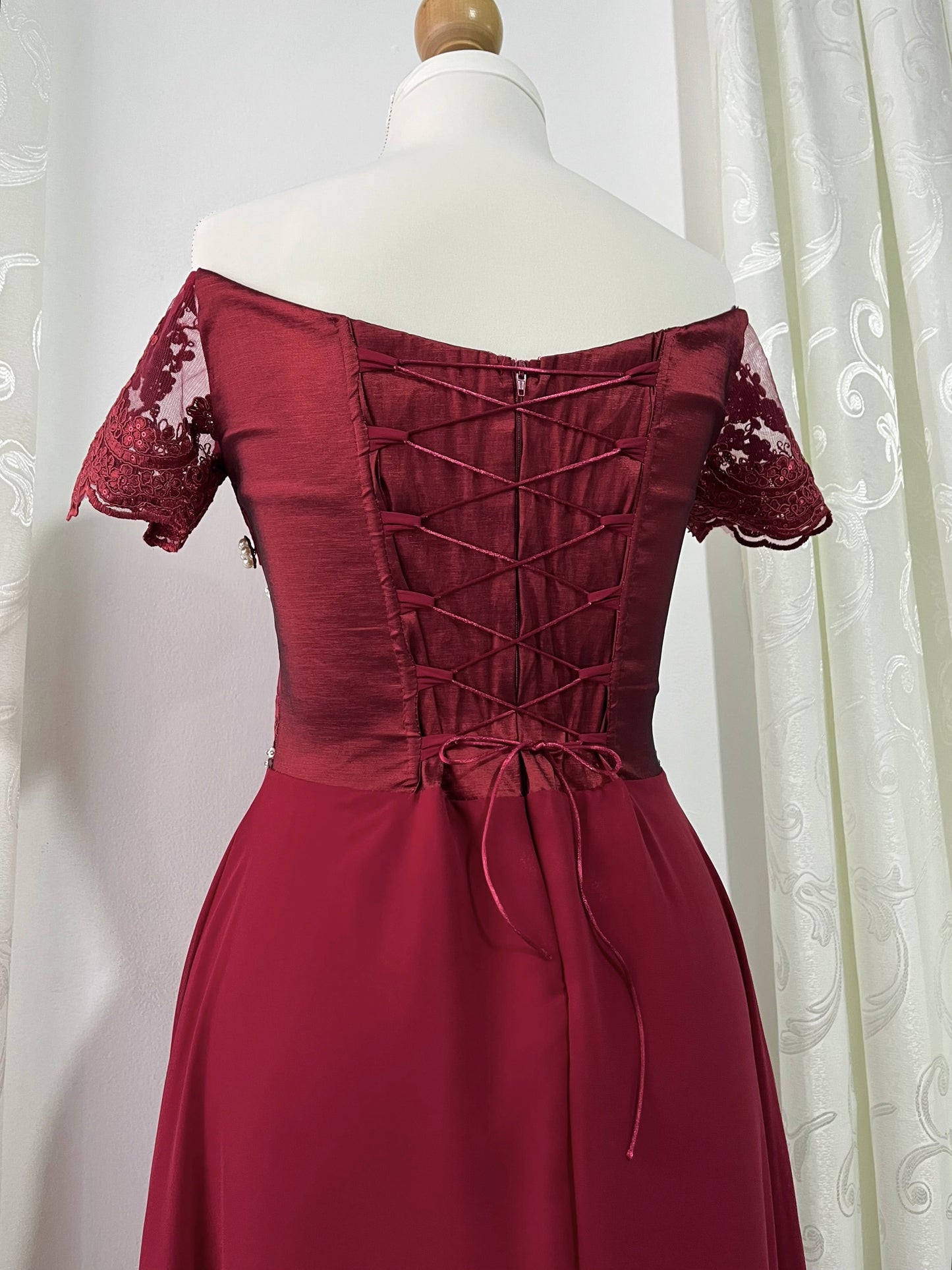 Burgundy corset gown dress with embellishment and pearls- Size M/L