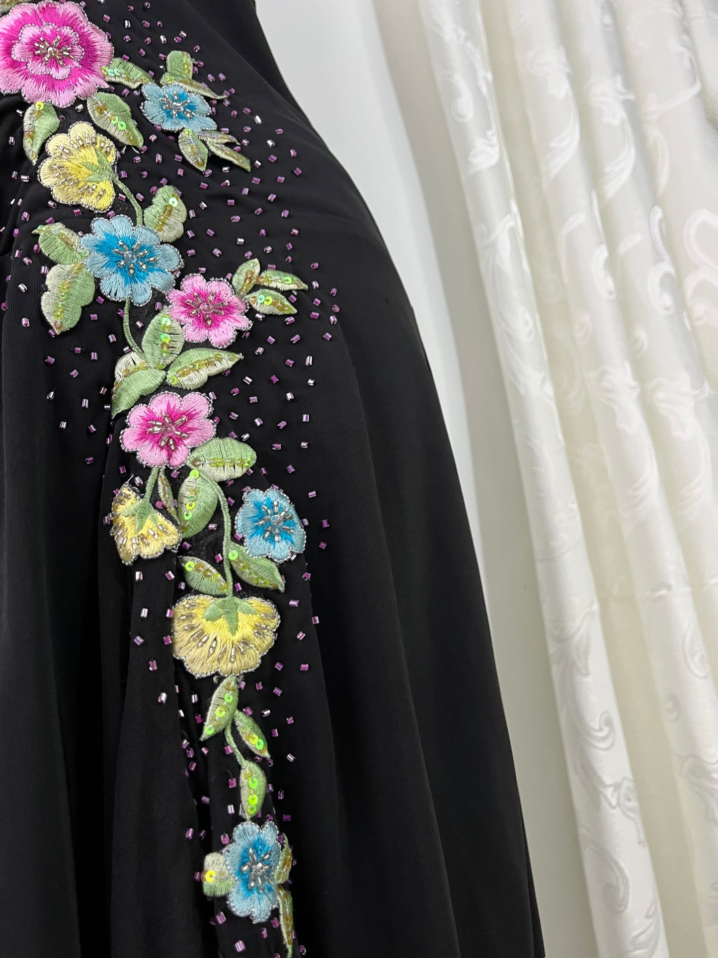 Halter gown with draped bodice featuring floral appliqué embroidered designs and asymmetrical silk point skirt-size XL