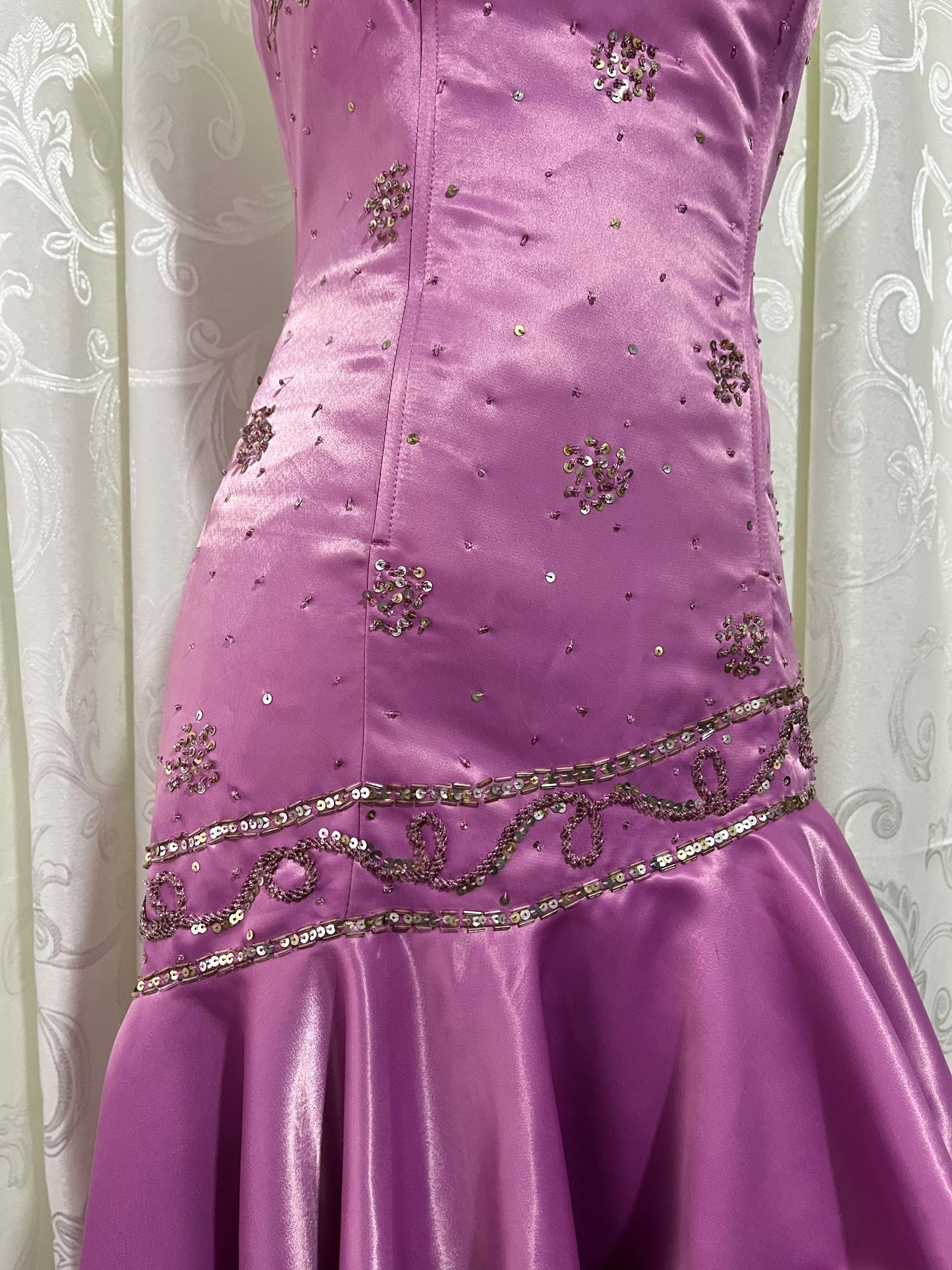 Asymmetrical midi corset dress in lilac pink satin with rhinestone and bead embroidery- size S