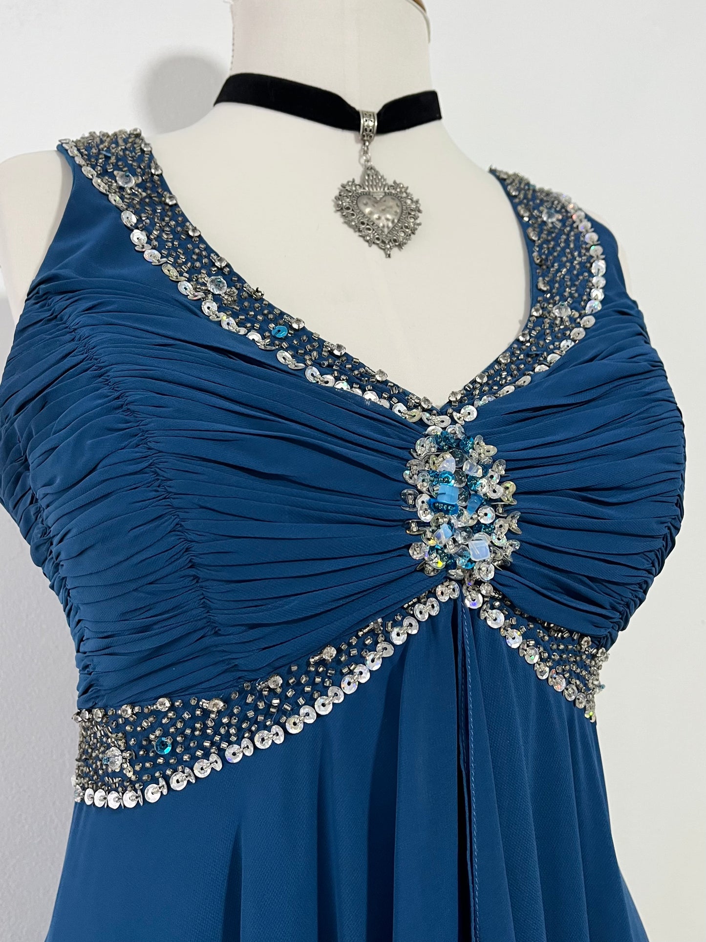 Navy blue corset dress in satin and tulle with rhinestone embroidery- size L/XL