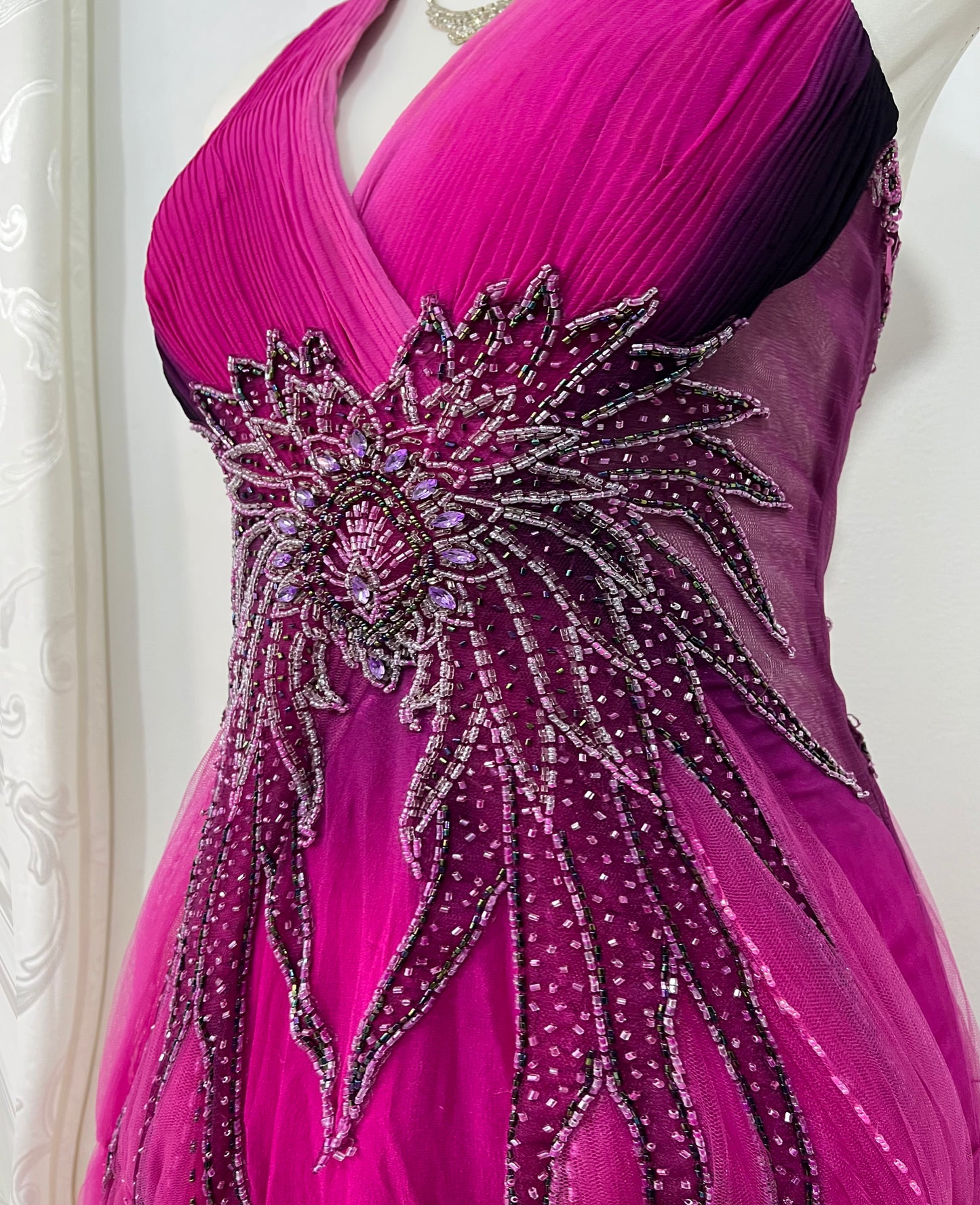 Magenta silk and chiffon dress with rhinestones and fine embroidered sequins