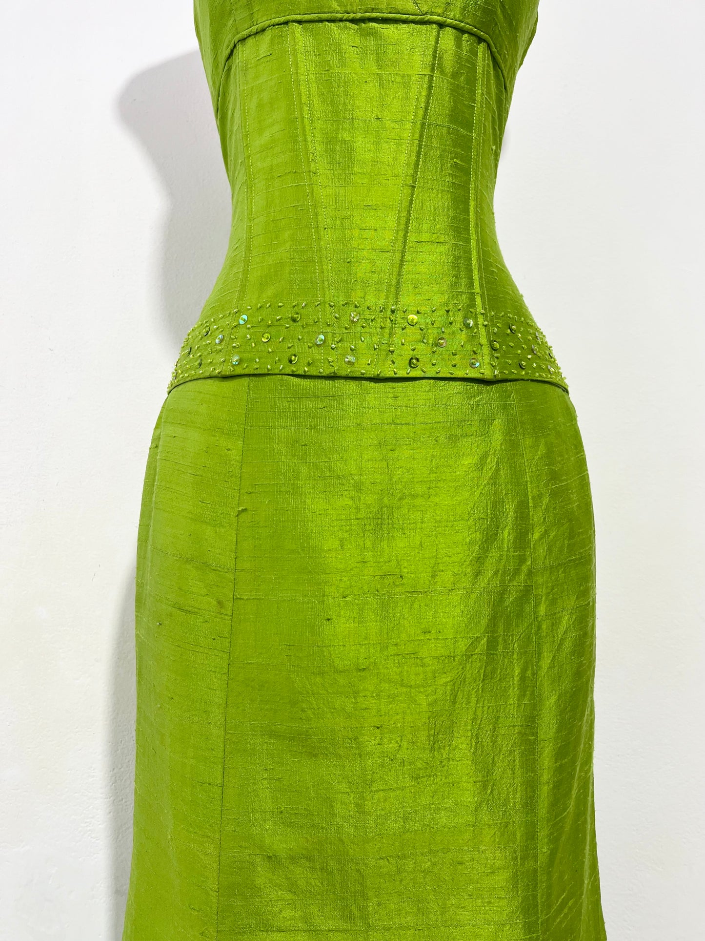 Silk shantung set, corset with bead embroidery and maxi skirt